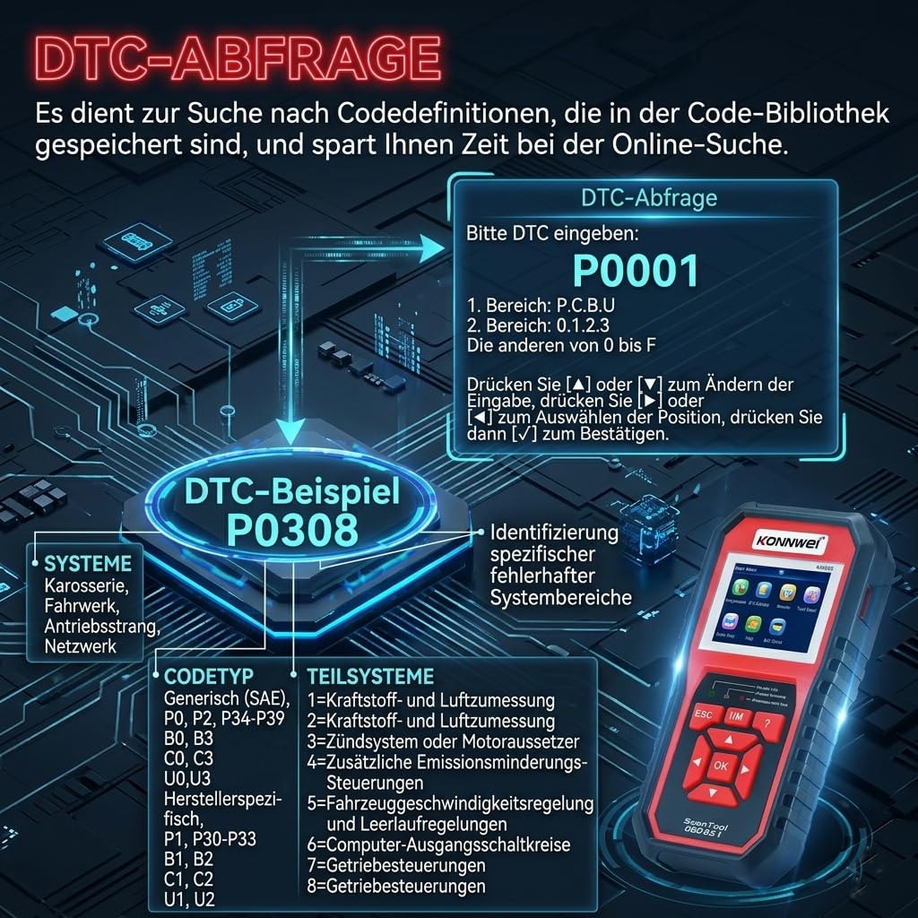 KONNWEI KW850 OBD2 Diagnosegerät mit Batterietest Diagnosegerät Auto | Auslesegerät Auto mit 2.8" Display, One Touch I/M Bereitschaftstaste, Kompatibel mit OBDII Fahrzeugen ab 2002,9 Sprachen