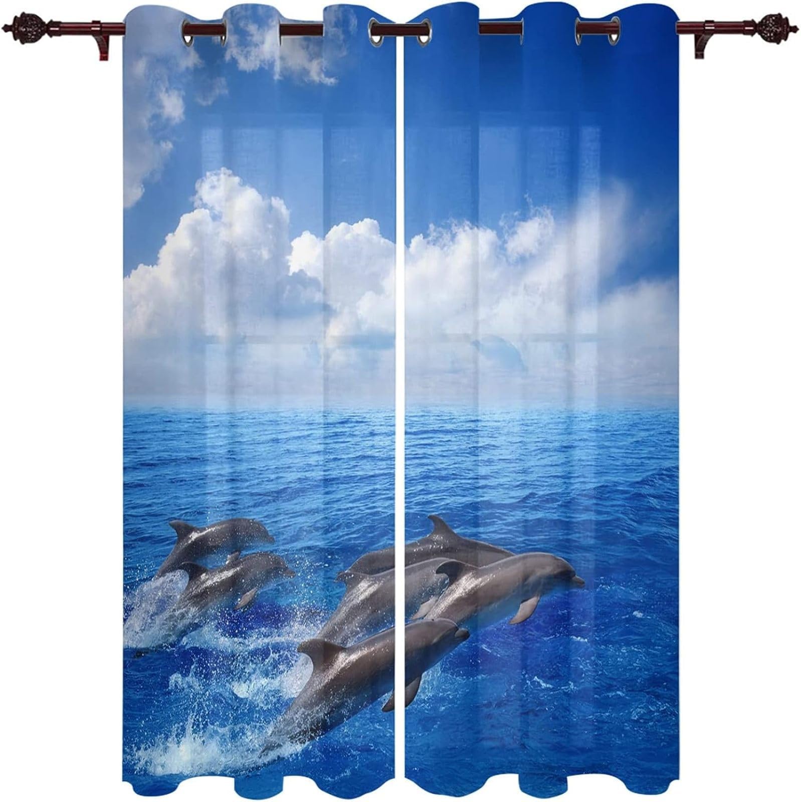 Cartoon-Delfin Blickdicht Vorhänge, Blauer Himmel-Druck Deko Gardinen mit Ösen für Wohnzimmer Schlafzimmer 2er Set 2 x 140B x 260H cm