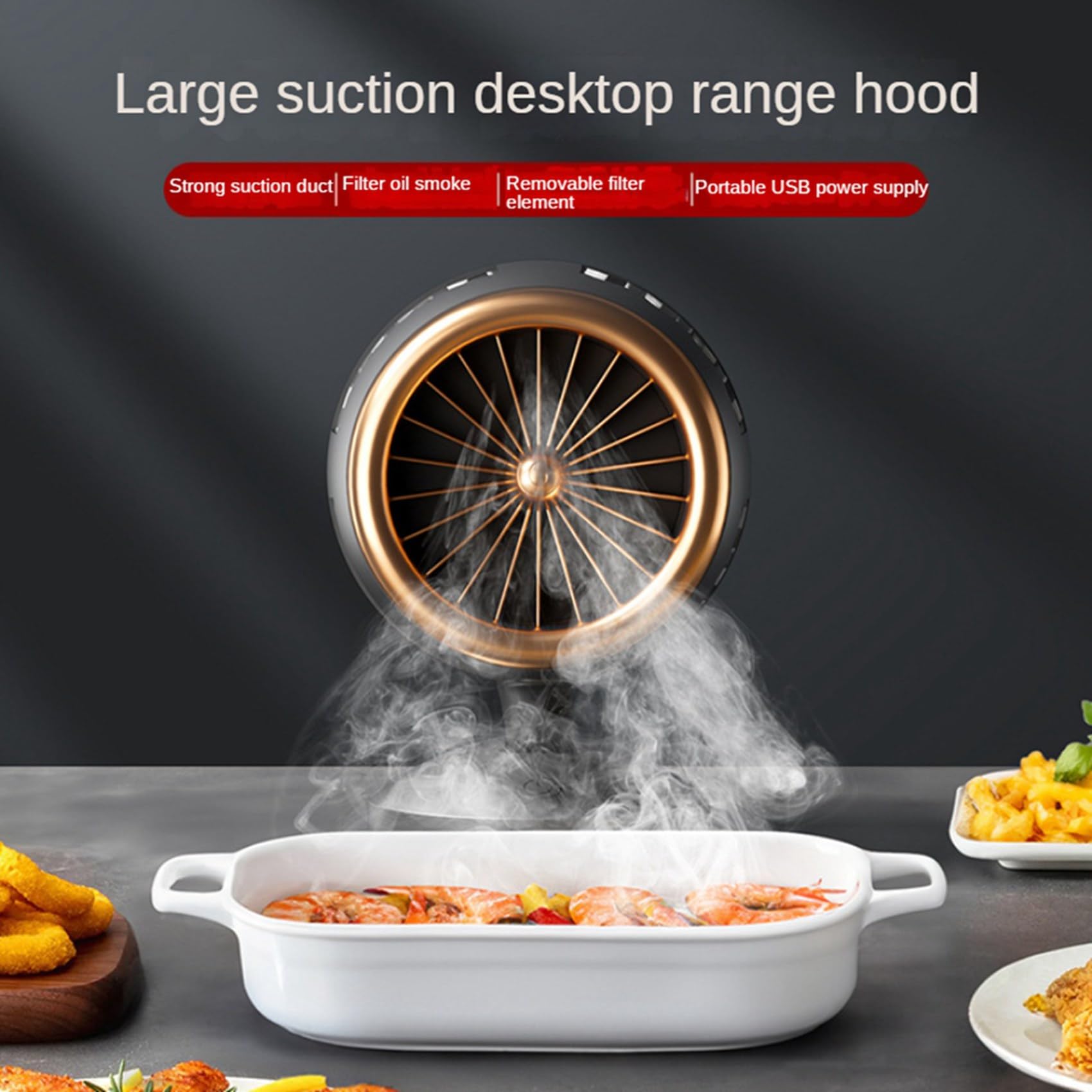 Desktop-Dunstabzugshauben, Tragbarer Abluftventilator für die Küche, Wiederaufladbar über USB, Tragbare Dunstabzugshaube mit Filter für Grill, Hot Pot, Langlebig