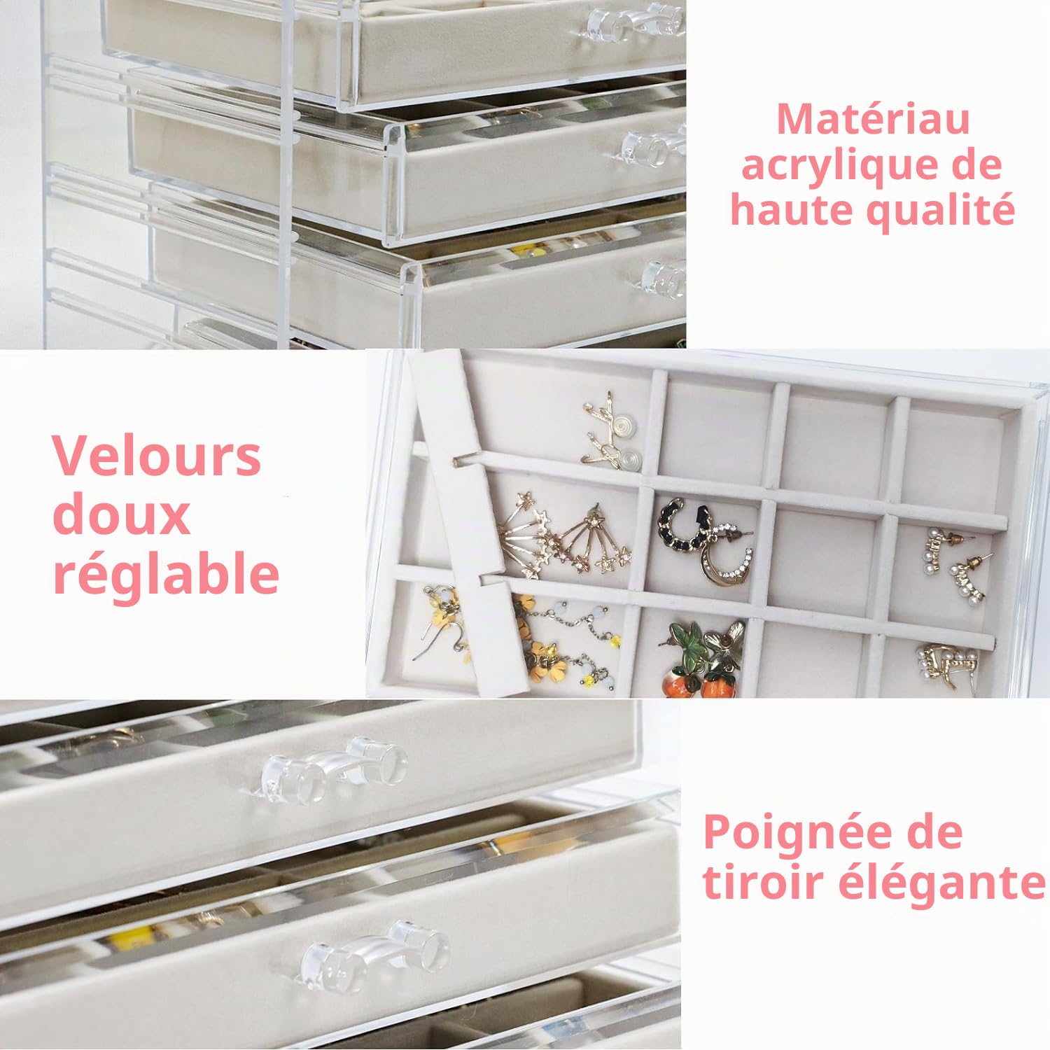 Boîte de rangement pour boucles d'oreilles, Boîte de rangement pour bijoux en acrylique avec plateaux en velours, Organisateur de rangement pour boucles d'oreilles Présentoir pour femmes et