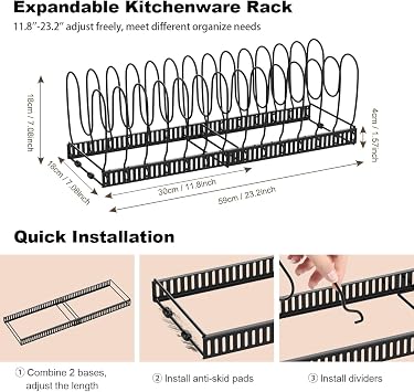 وعاء Housolution وغطاء منظم عموم لمجلس الوزراء ، حامل منظم غطاء وعاء قابل للتوسيع مع 14 مقسم قابل للتعديل ، حجم موسع بالكامل 22.83 عرض × 7.09 عمق × 7.09 ارتفاع ، أسود