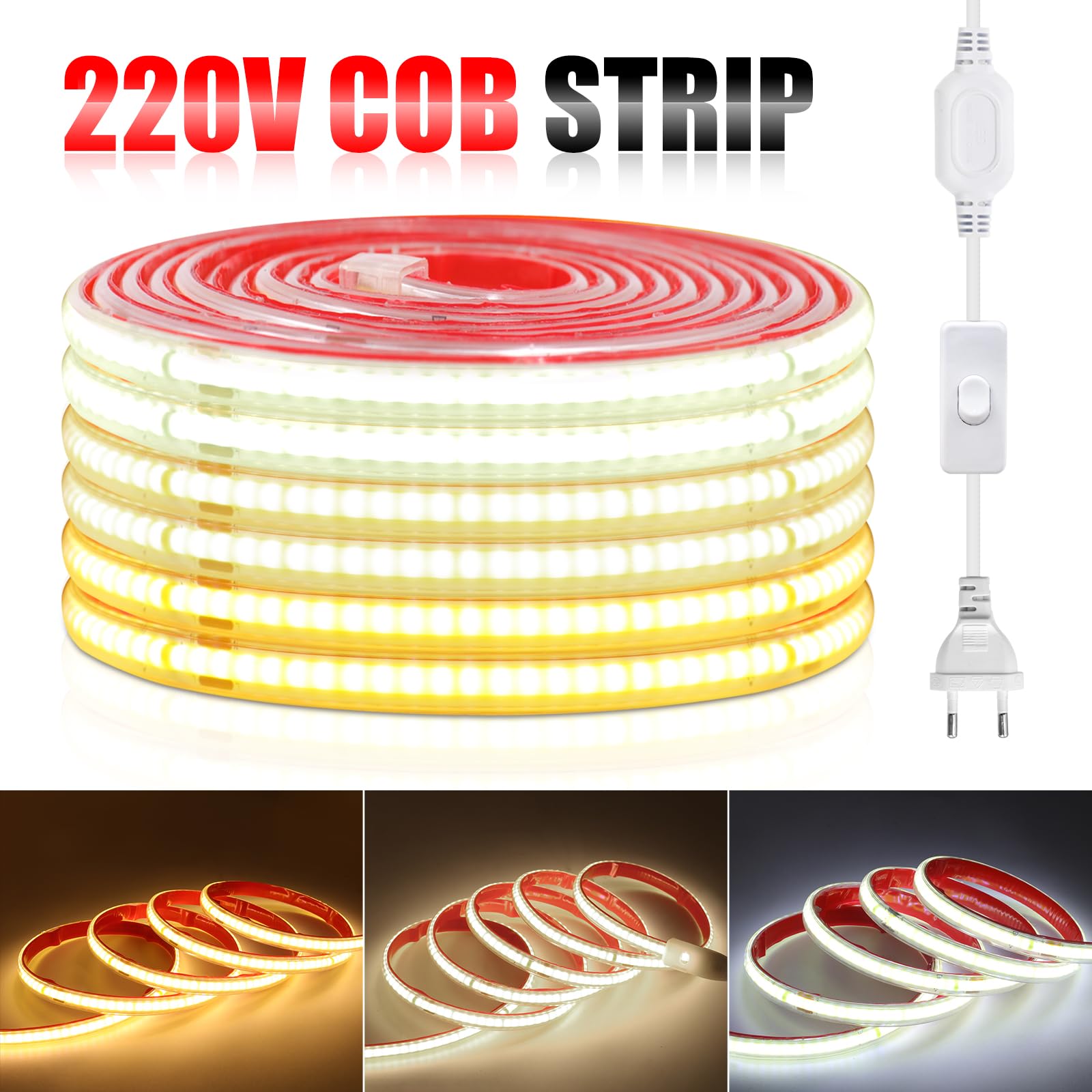 Tira LED COB 220V Con encendido/apagado [50M,Blanco 6000-6500K],IP65 impermeable flexible,240 LEDs/m Tira LED FCOB CRI85+,cortable cada 10cm,iluminación decorativa para hogar/tiendas