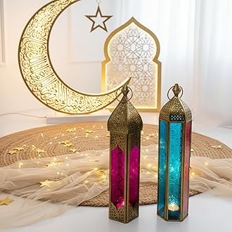 Souq DESIGNS Ramadan Lantern – Metal Candle Lanterns for Decor, Large & Small Arabic candle holder Lantern Set for Indoor Outdoor Fanoos, Ramadan & Diwali Decorations, Balcony & Table (Set of 2)