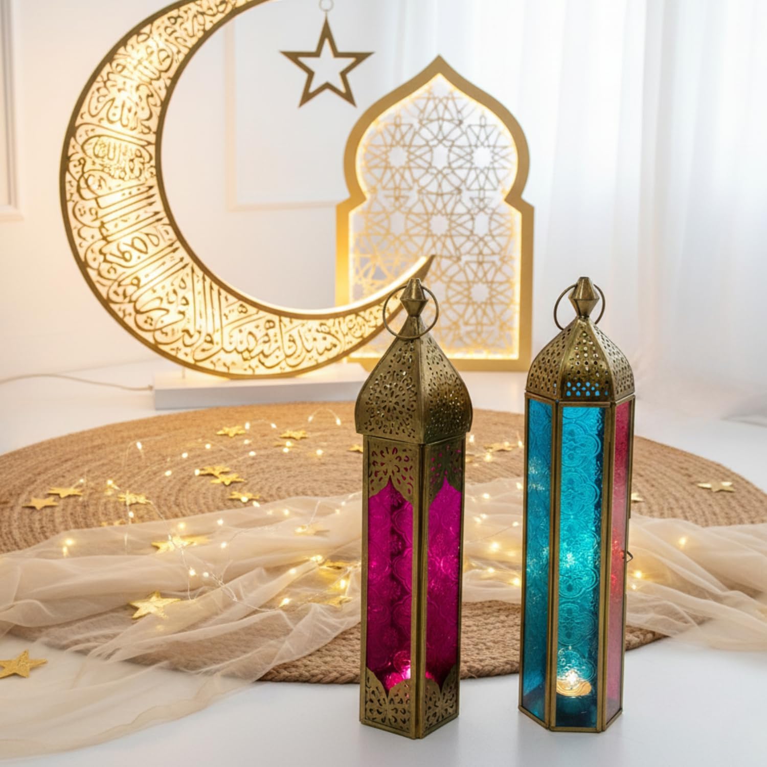 Souq DESIGNS Ramadan Lantern – Metal Candle Lanterns for Decor, Large & Small Arabic candle holder Lantern Set for Indoor Outdoor Fanoos, Ramadan & Diwali Decorations, Balcony & Table (Set of 2)