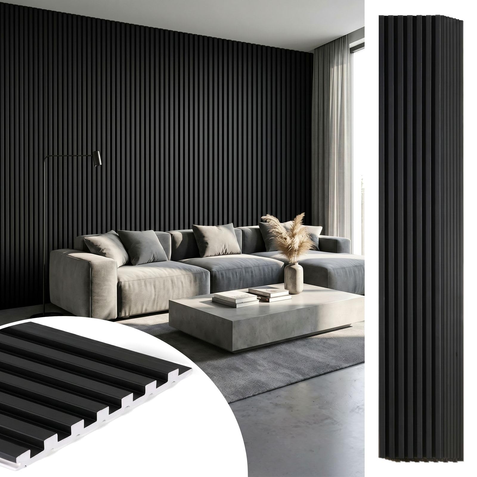 (2) WPC Acoustic Slat Wall Panels 8-Pack 96'' x 6'', Accent 3D Wall Panel for Interior Wall Decor, Waterproof Fluted Textured Panel Wall Slats,Solid Black (Cover Approx.32 sq.ft) (BID IS PER 8-PACK, LOT IS FOR 2 8 PACKS TOTAL.)