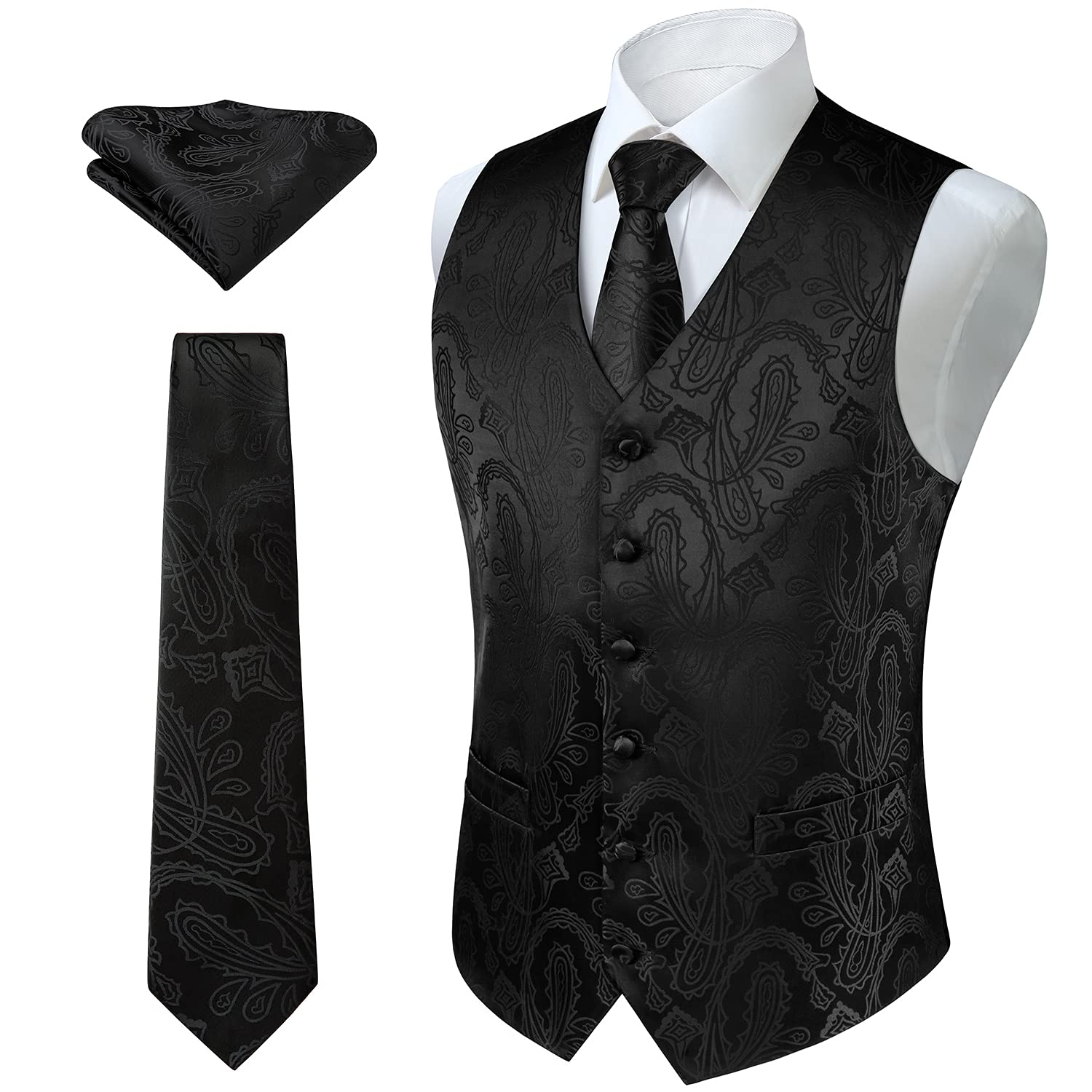 Enlision Men's Black-2 Paisley Floral Wedding Party Jacquard Waistcoat&Necktie And Pocket Square Vest Suit Set M(Chest Size 44)