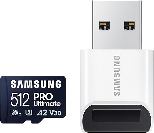 SAMSUNG PRO Ultimate tarjeta de memoria microSD + lector, 512 GB microSDXC, hasta 200 MBs, 4K UHD, UHS-I, clase 10, U3, V30, A2 para cámara de SAMSUNG PRO Ultimate tarjeta de memoria microSD + lector, 512 GB microSDXC, hasta 200 MBs, 4K UHD, UHS-I, clase 10, U3, V30, A2 para cámara de