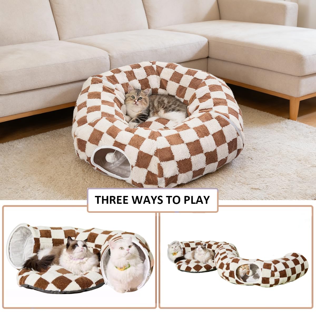 ERNAN Tubo Plegable Mascotas,Túnel para Gatos con 2 Formas,Cama para Túnel para Mascota, Conejos, Gatos y Perros, Interiores y Exteriores (Kaki)