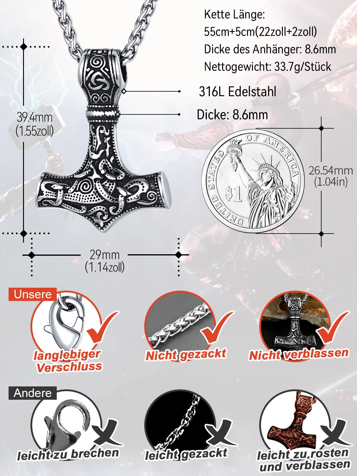 FaithHeart Halskette Herren Edelstahl Wikinger Mjölnir Kette für Jungen Schmuck für Weihnachten Geburtstag
