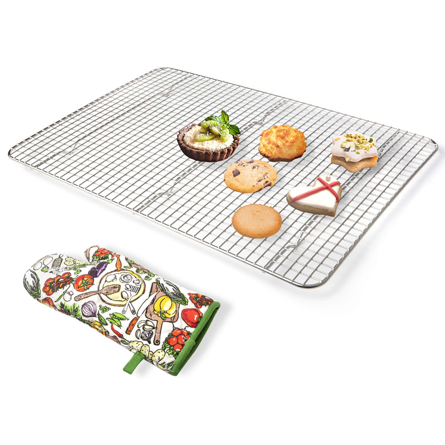 Secura Cooling Rack 100% 304 Stainless Steel Baking Rack, Wire Rack with Anti-scald Gloves for Baking, Cooking, Drying, Grilling, 10 x 15 Inches (Oven Safe & Dishwasher Safe)