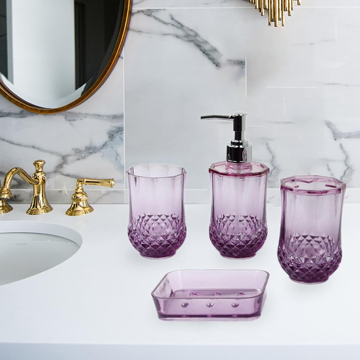 Soap Dispenser, Toothbrush Holder,Storage Case, Portable Mouthwash Cup Soap Dish for Vanity Countertop Hotel Bathroom Decor, Purple