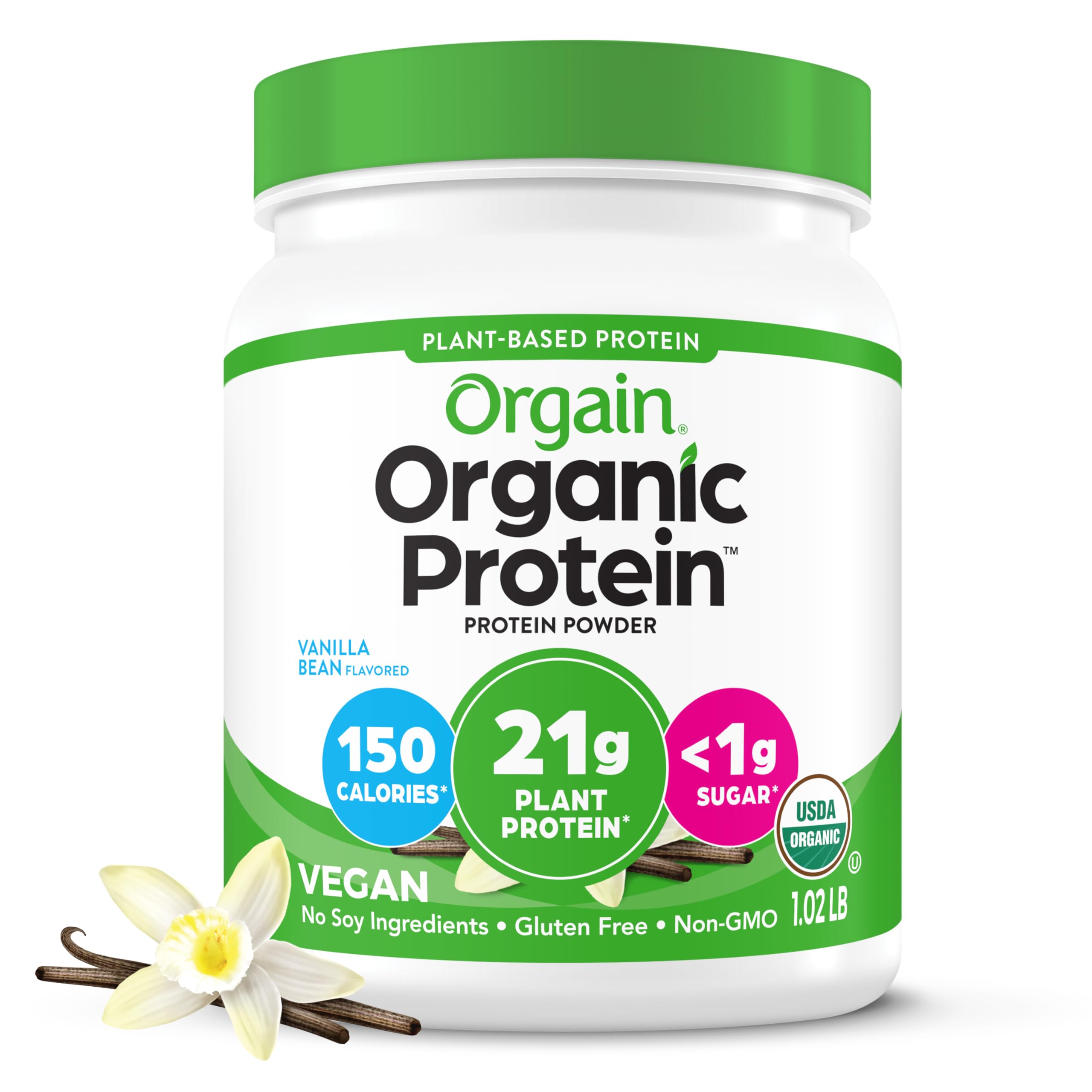 Organic Plant Based Protein Powder, Vanilla Bean - Vegan, Low Net Carbs, Non Dairy, Gluten Free, Lactose Free, No Sugar Added, Soy Free, Kosher, Non-GMO, 1.02 Pound (Packaging May Vary)