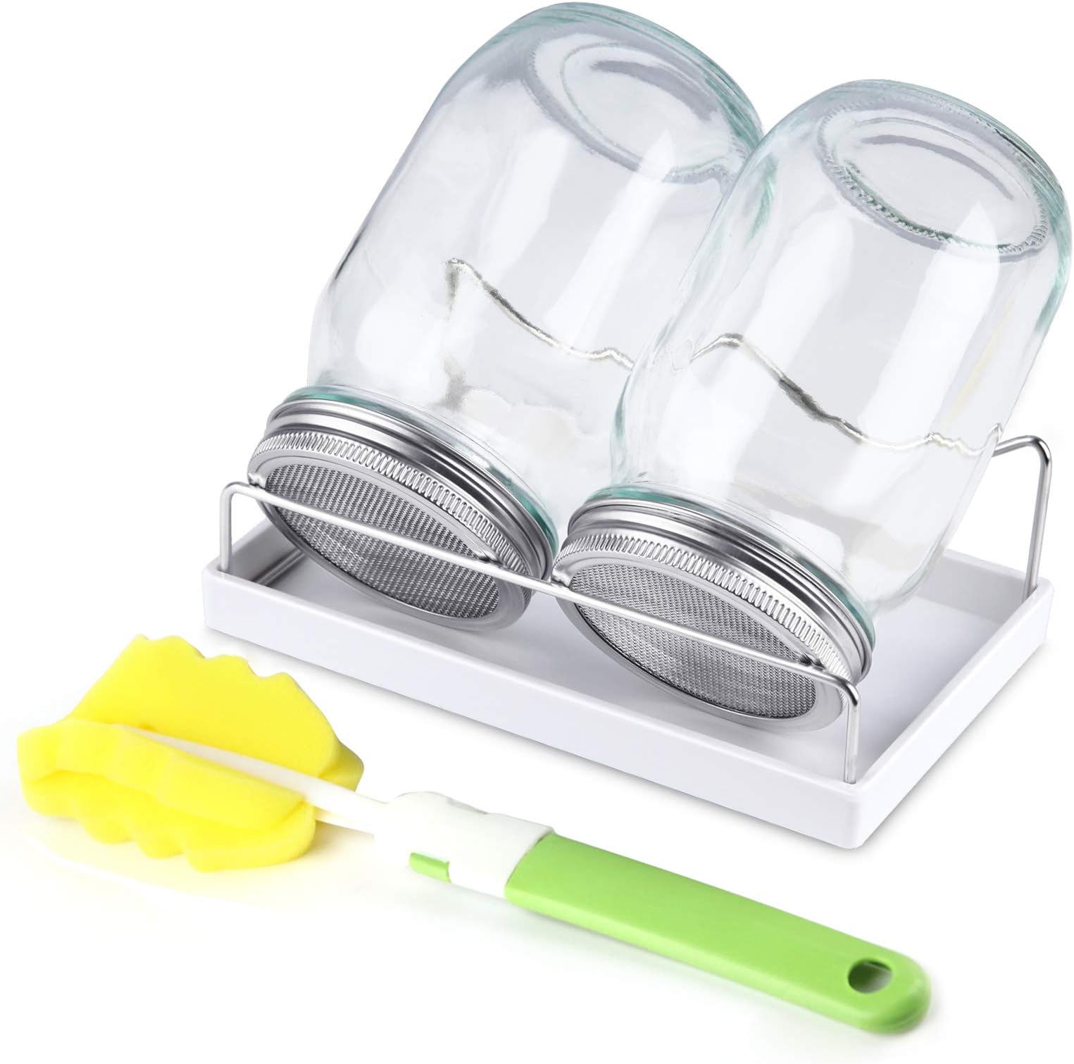 -Seed Sprouting Jar Kit| 2 Wide Mouth Quart Sprout Mason Jars with 316 Stainless Steel Lids,Tray,Stand| Sprouter for Growing Broccoli,Alfalfa (White)