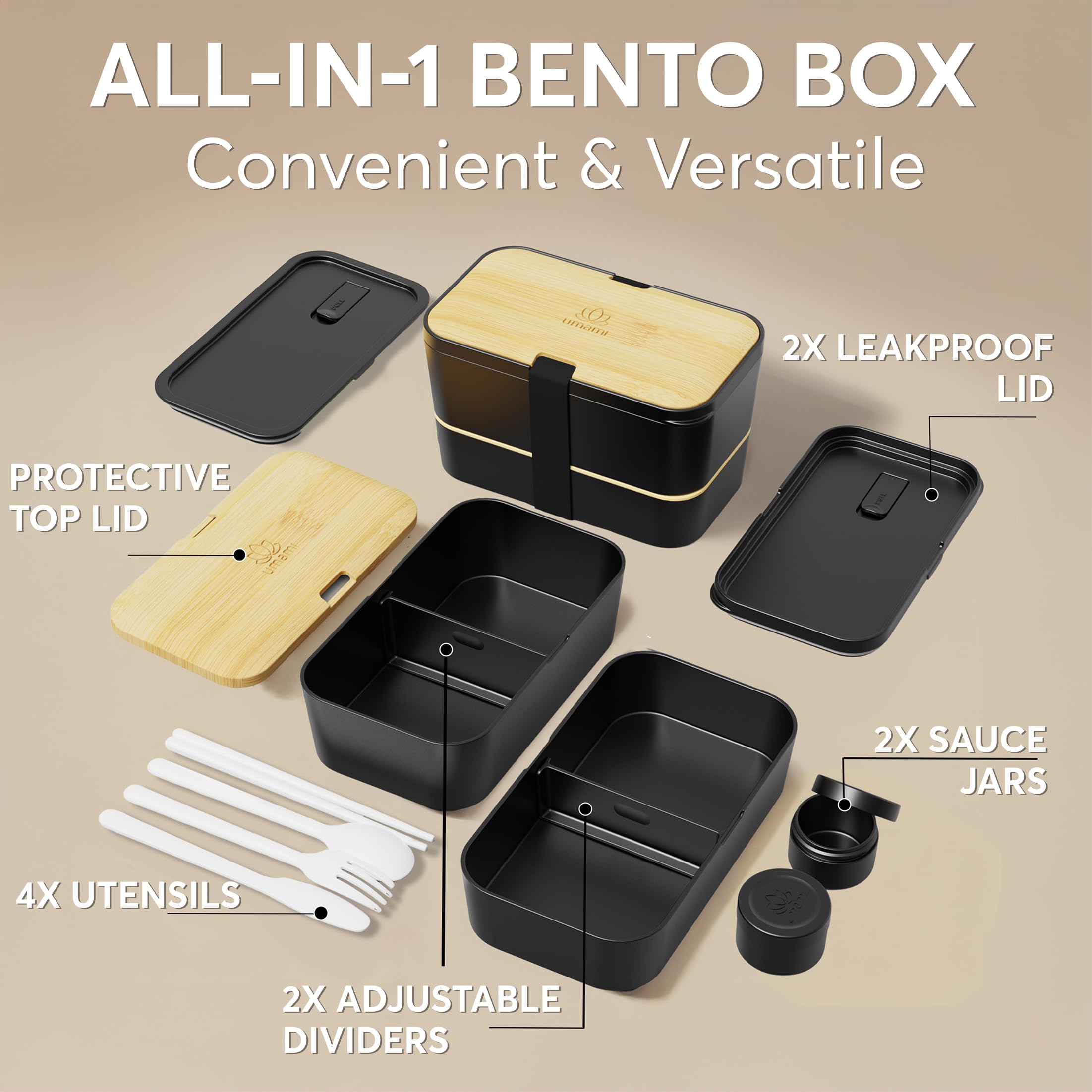 UMAMI Bento Box dla dorosłych 1,2L z sztućcami, All-in-One Kontener na lunch do przygotowywania posiłków dla mężczyzn/kobiet, urocza szczelna skrzynka bento, organizator lunchu, wspaniały prezent na Dzień Matki.