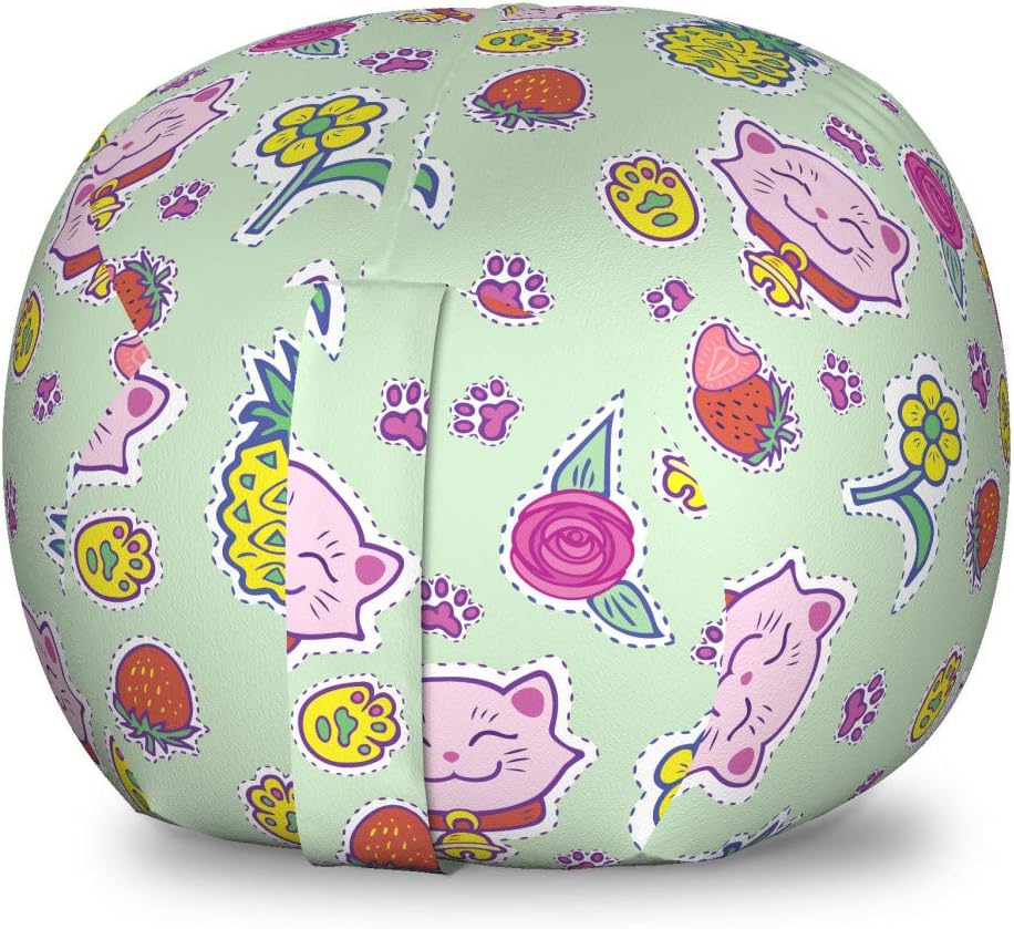 Ambesonne Cat Storage Toy Bag Chair, Cheerful Pattern with Smiling Cats Pineapples Strawberries Maneki Neko Happiness Love, Stuffed Animal Organizer Washable Bag, Small Size, Teal Green