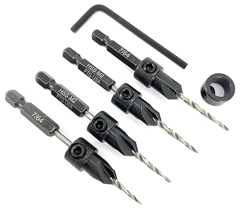 Miniatura 6 de FTG USA Juego de 4 brocas avellanadoras #4 (764 pulgadas), broca cónica, collar de tope, llave hexagonal para carpintería
