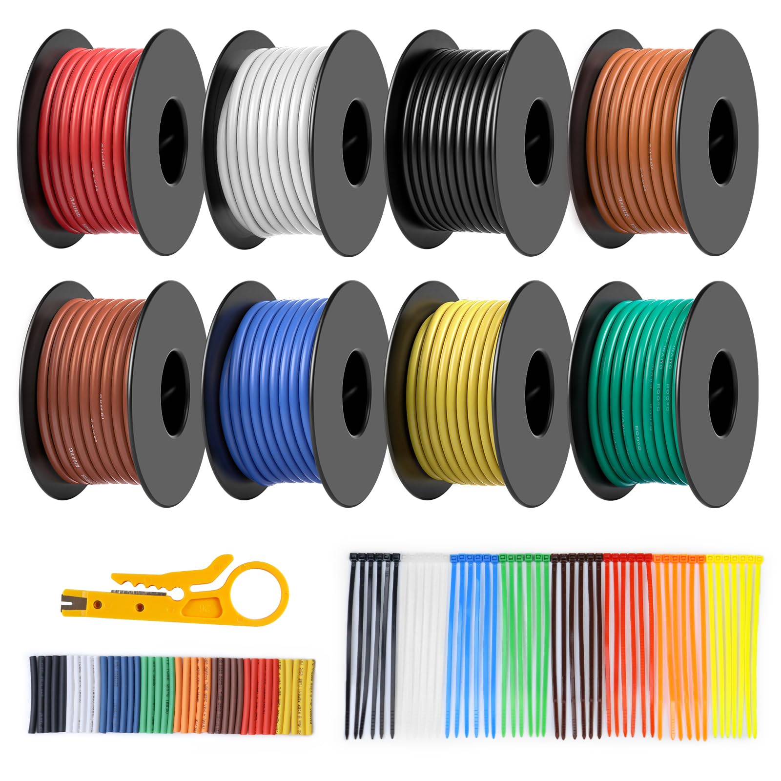 22AWG Silicone Wire Kit 0.3mm², 8 Colours 5m/16.4ft Each, Flexible Tinned Copper Hook Up Wire with Heat Shrink Tubing & Wire Stripper, Stranded Silicone Cable for LED, RC, Automotive & DIY