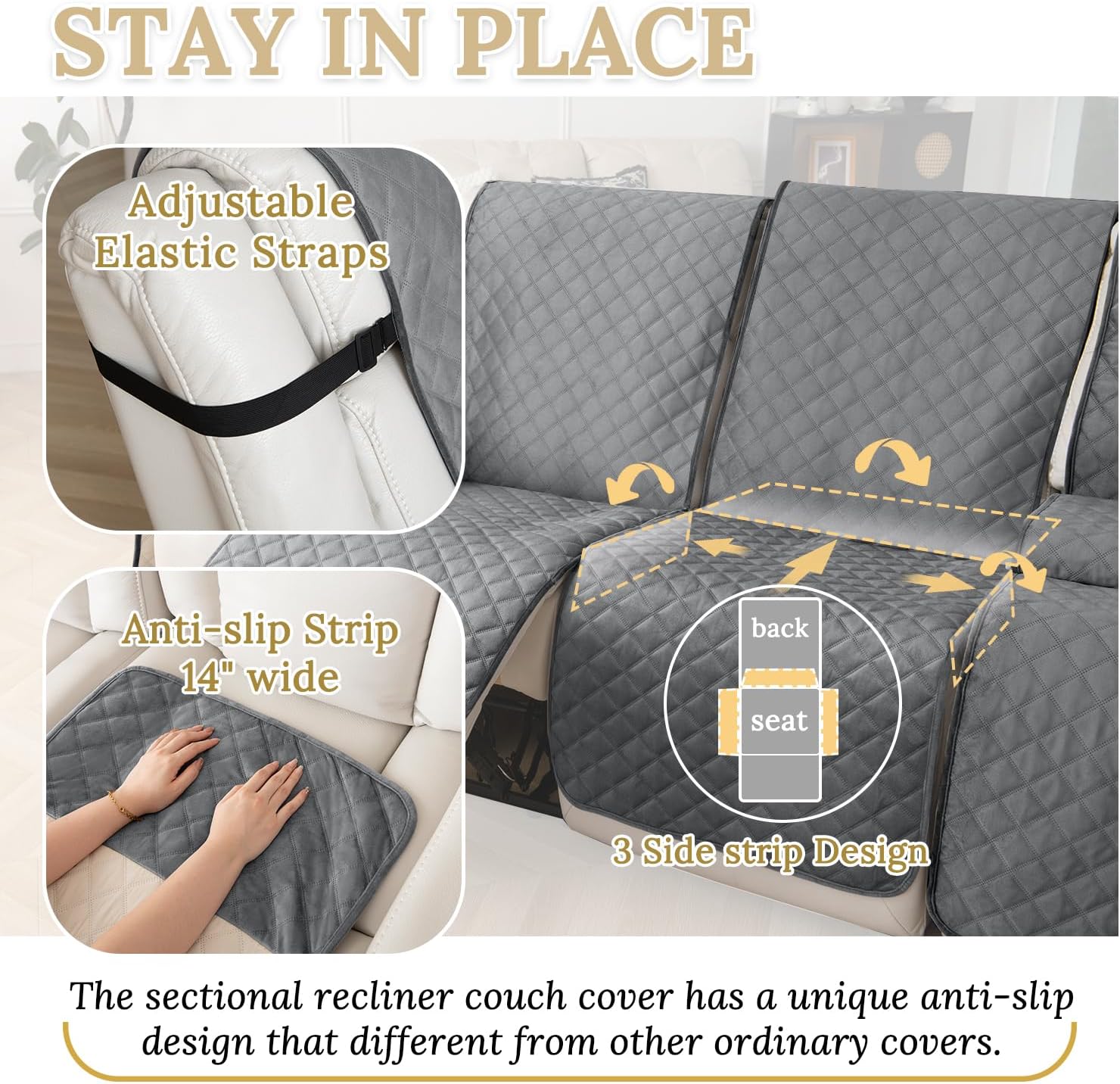 HDCAXKJ 100% Waterproof Velvet Recliner Sectional Couch Covers L Shaped Corner Reclining Sofa Cover Washable Thick Non Slip Sectional Slipcover with Pockets (5 Seat and 1 Middle Console, Grey)