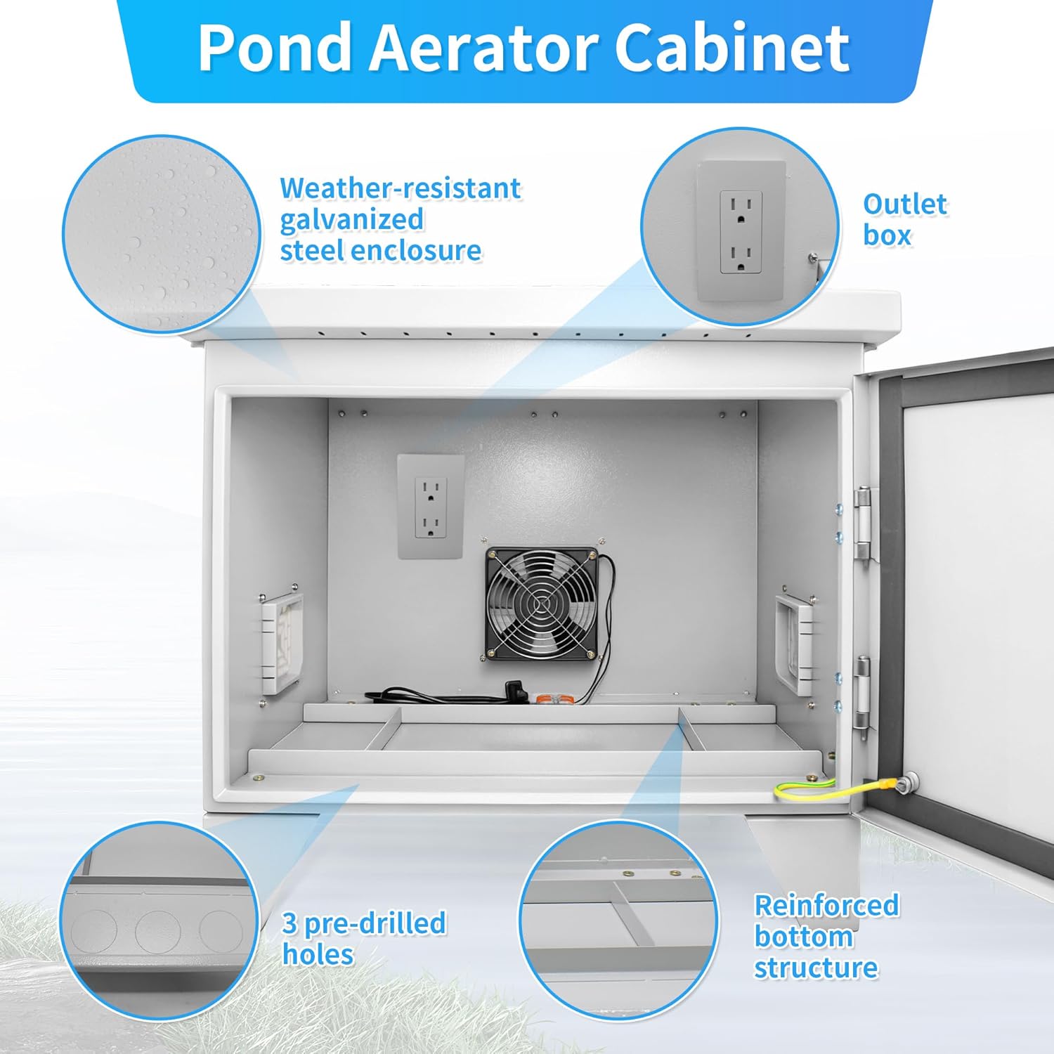 Pond Aerator Weatherproof Outdoor Cabinet, 20"W*15.35"D*18.89"H with Plug Socket and 110V Cooling Fan, Suitable for Pond Aerators and Air Pumps (Light Gray)