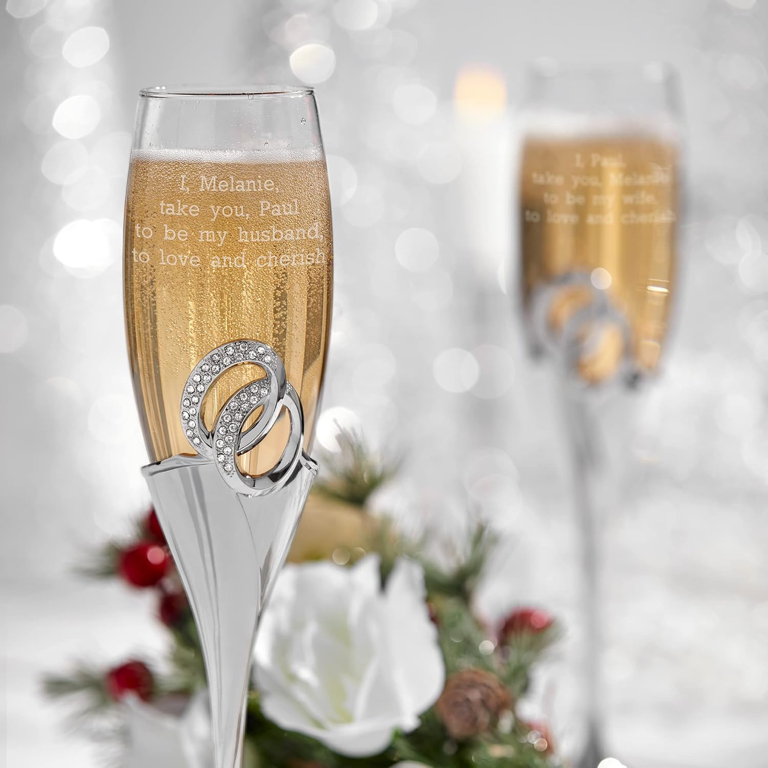 THINGS REMEMBERED Double Rings Engraved Silver Toasting Flute Set (Free Customization)