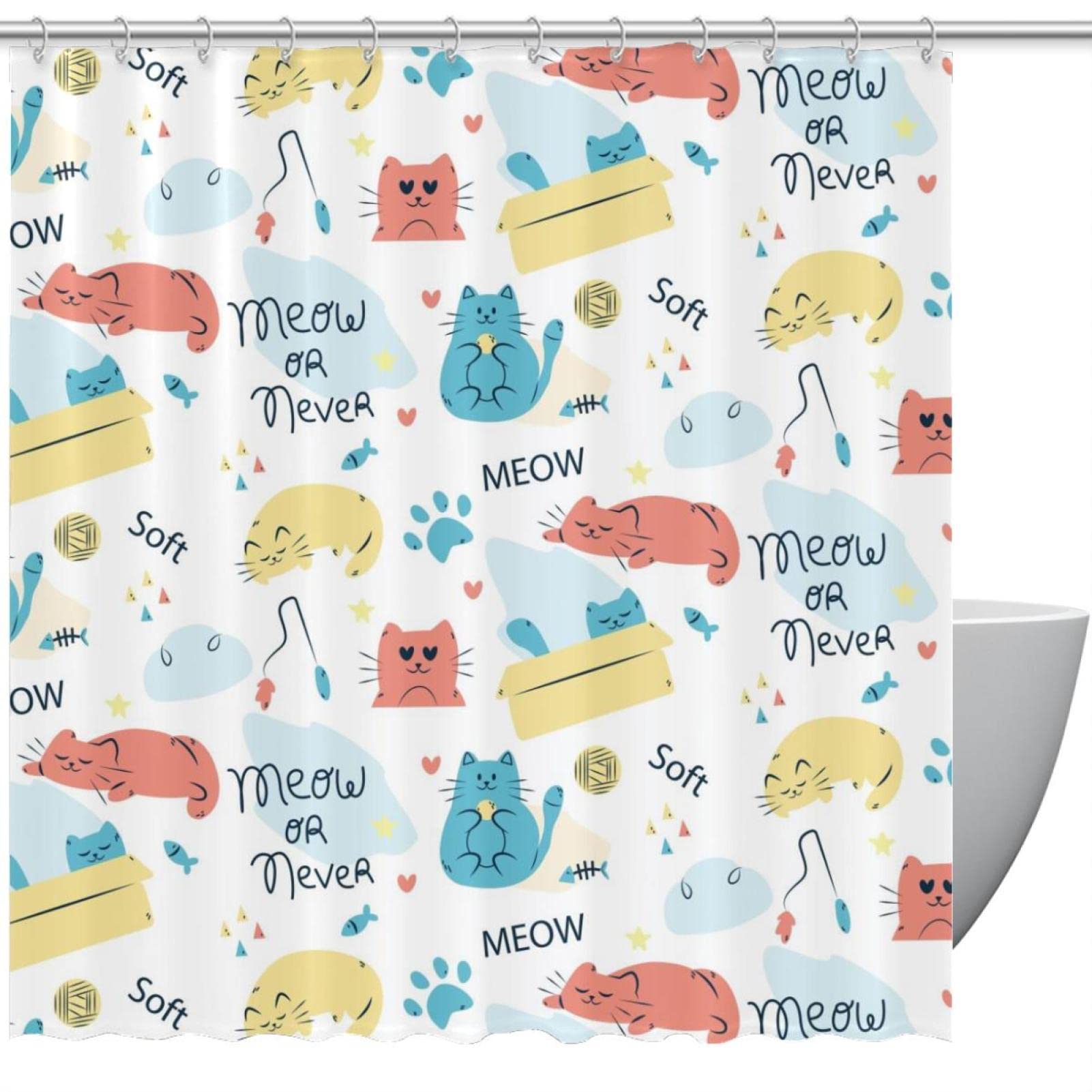 Rideau de douche motif poisson Doodle Cat pour une salle de bain colorée de 183 x 183 cm