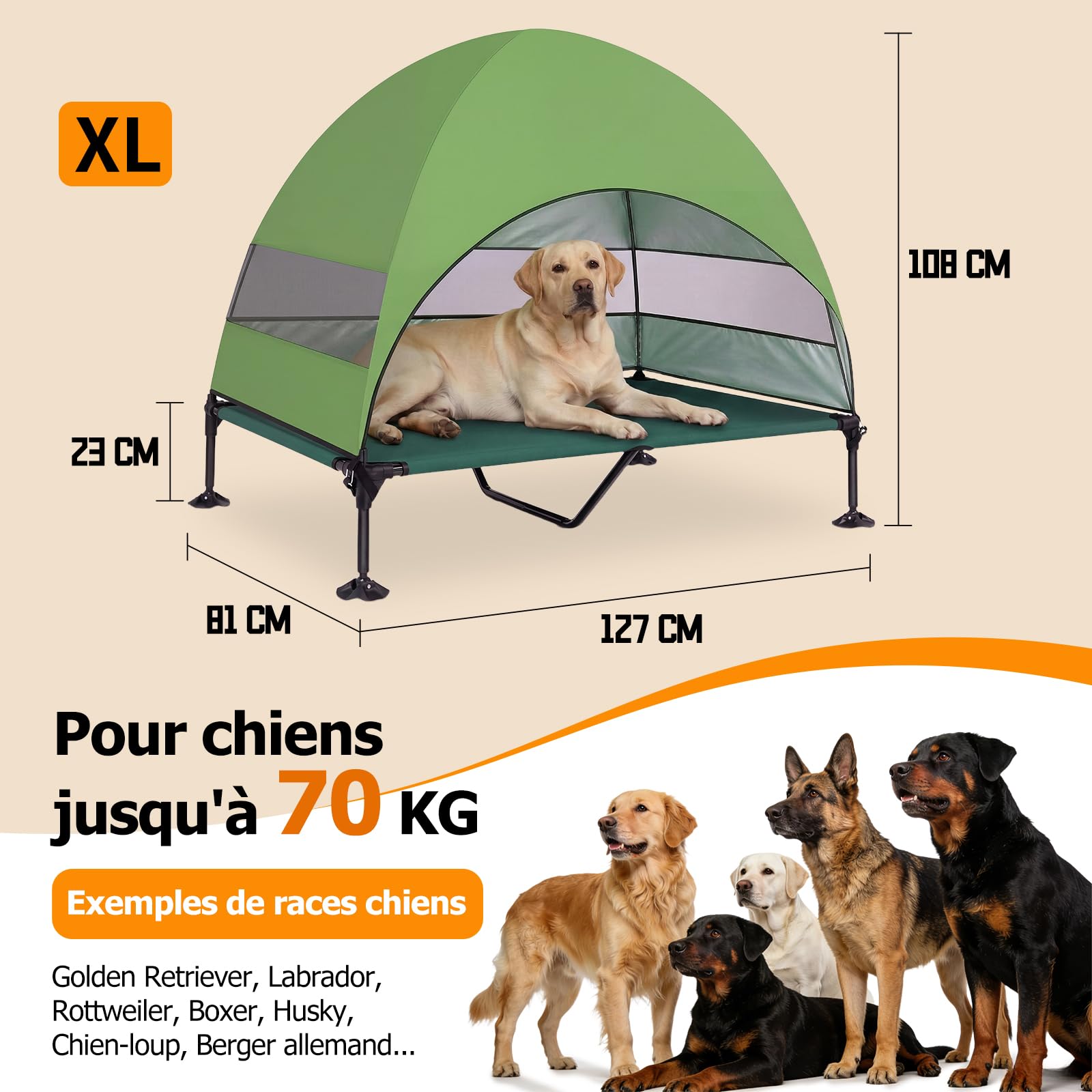 Panier pour Chien Surélevé avec Toit, Pliable avec Pieds Antidérapants, Tente d'extérieur avec Grande Ombre, Lit Rafraîchissant pour Chien, pour Camping, Jardin, Plage et Piscine (Vert, XL)