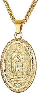 Axmerdal Stainless Steel Virgin Mary Guadalupe Gold Plated Religious Pendant Necklace for Men & Women Oval Miraculous Medal Coin Decoration (Gold)