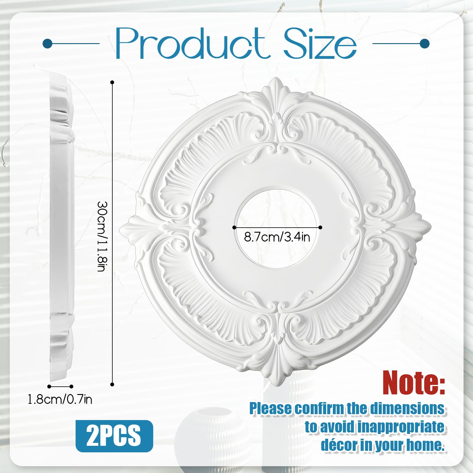 2 Pieces PU Ceiling Medallion Decorative White Home Lighting Ceiling Medallions Ceilings Fan Medallion Round for Light Fixtures and Ceilings Fans, 12" od x 3.5" ID(White) — Amazon image 2