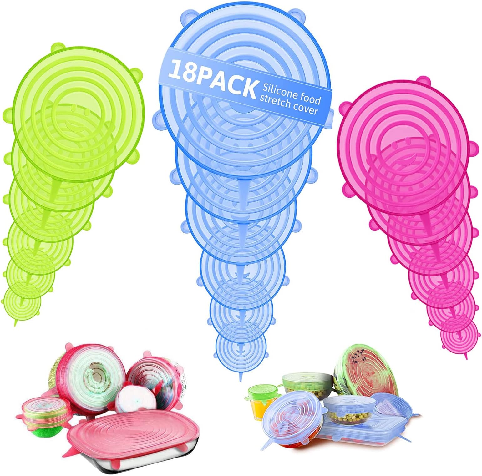 18 Pack Silicone Lids Food Covers - 6 Different Sizes Stretch Lids, Safe Food Grade to Meet Most Containers, Reusable