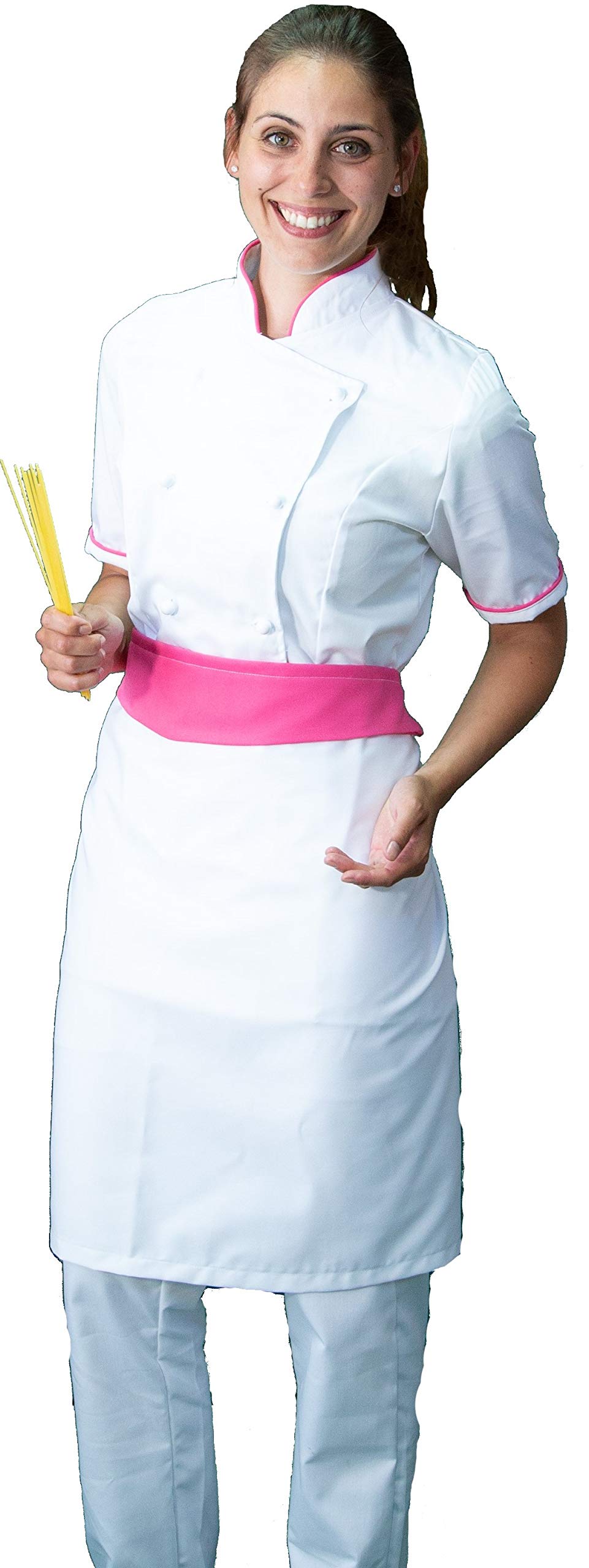 Ricamo Gratuito - Completo Cuoco da Cucina - Bianco e Fuxia - Divisa Chef Donna Manica Corta - Pantalone, Giacca e Grembiule - Made in Italy