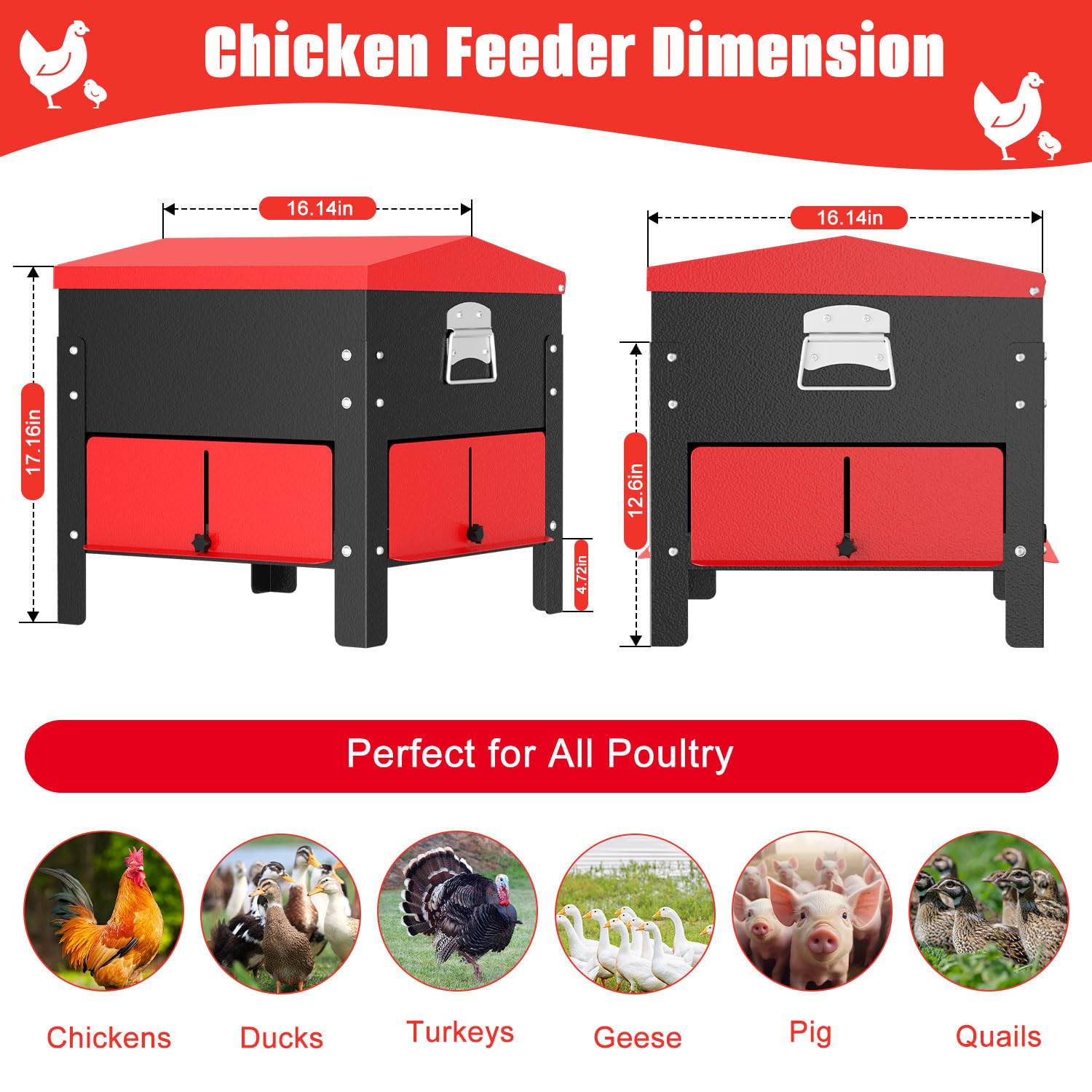 Comedero automático de pollo de 100 libras, acero galvanizado, resistente a la intemperie y tapa segura, comedero de aves de corral de gran capacidad para uso en exteriores, caja de alimentación sin