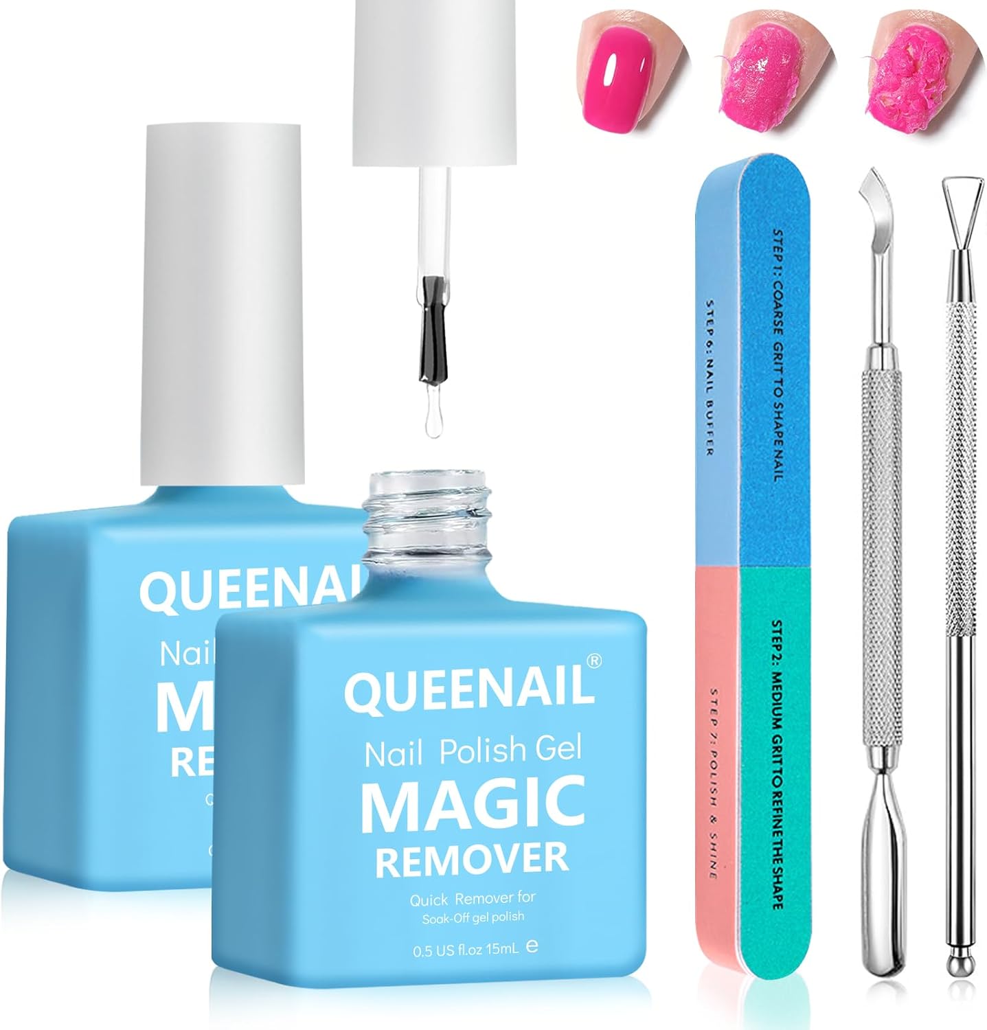 2 x 15 ml semi-permanente nagellakverwijderaarset, gelnagellakverwijderaar met 2 nagelvijlen en 1 nagelriemduwer, snel en eenvoudig in 3-5 minuten.