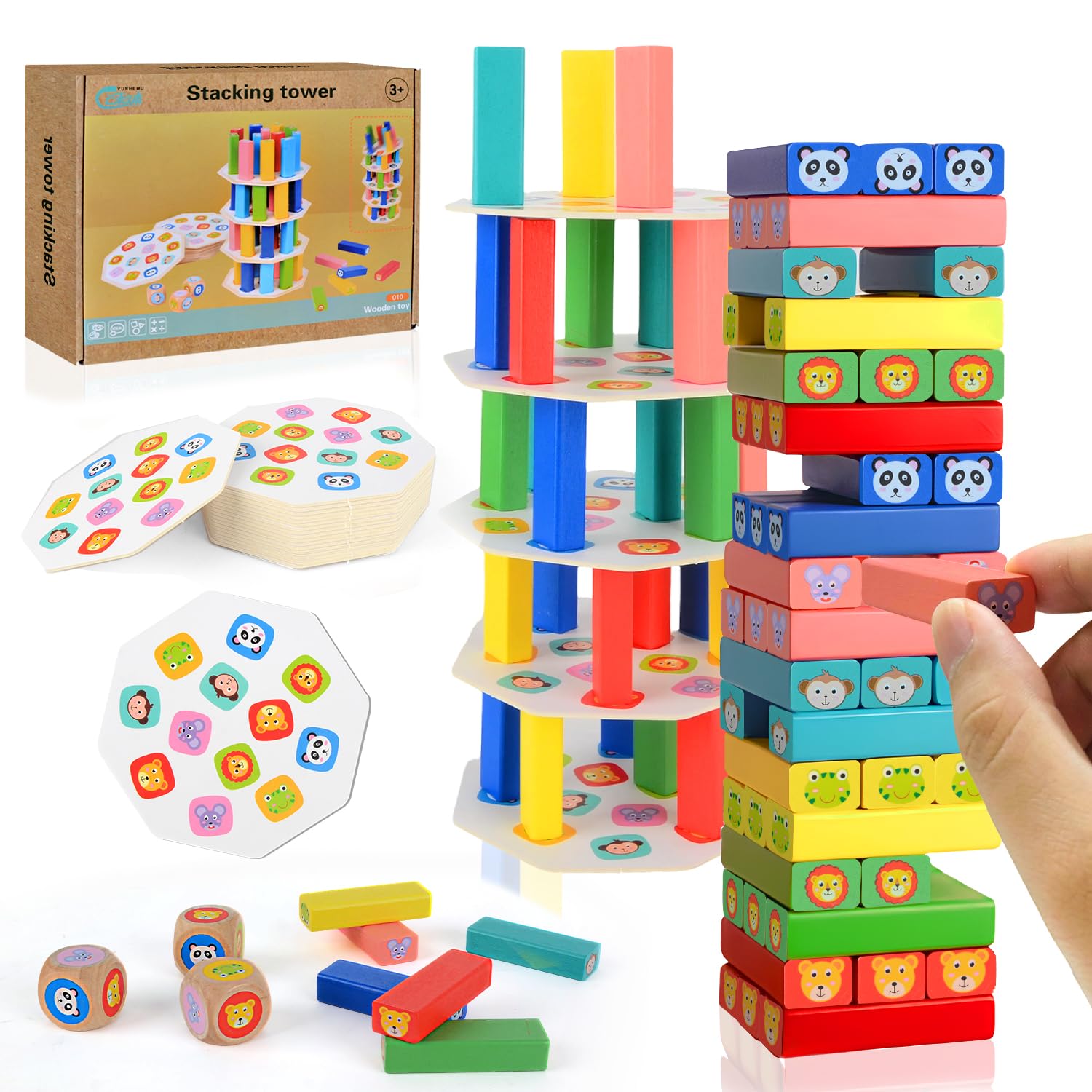 Torre de Bloques de Madera 4 en 1, Juguete Montessori de Equilibrio y Habilidad, Juego de Mesa Familiar y de Viaje, Juego Educativo Regalo para Niños y Niñas de 3 a 9 años