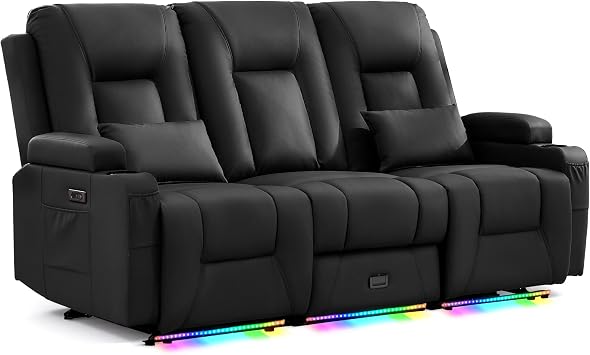 URRED Power Loveseat Recliner Sofa with Console, Wall Hugger Reclining Loveseat RV Couch with LED Light, 150 Zero Gravity Recliners Modular Couches for Living Room Black, 77.3 - 3 Seats