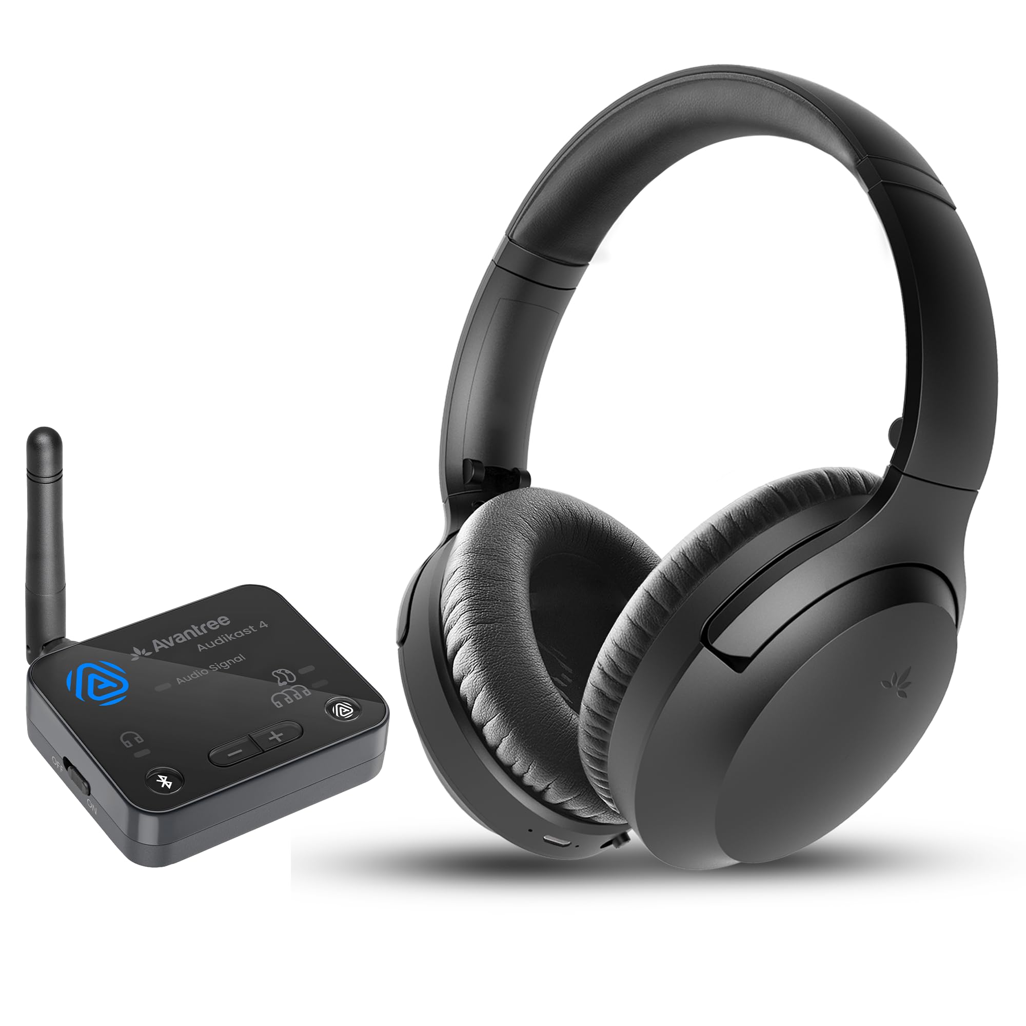 Avantree Audikast 4 + Aria Aura cuffie Bundle - Trasmettitore TV Auracast e cuffie wireless per TV, Voce Chiara, aptX Adaptive, ottico e AUX, batteria da 35 ore, ascolto condiviso in casa