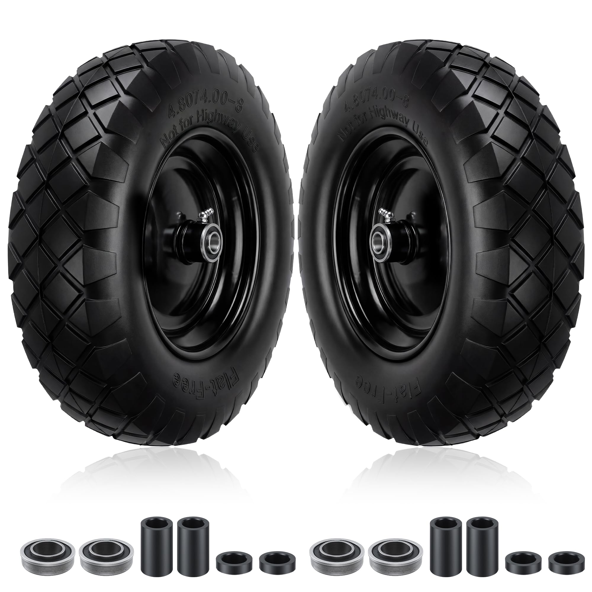 Photo 1 of ***STOCK PHOTO FOR REFERENCE ONLY***Upgraded 16" Flat Free Wheelbarrow Tire and Wheel, 4.80/4.00-8 Heavy Duty Solid Tire with 5/8" & 3/4" Bearings, 3"-7" Adjustable Hub - Universal for Wheelbarrows, Garden Trailer/Hand Truck - Black