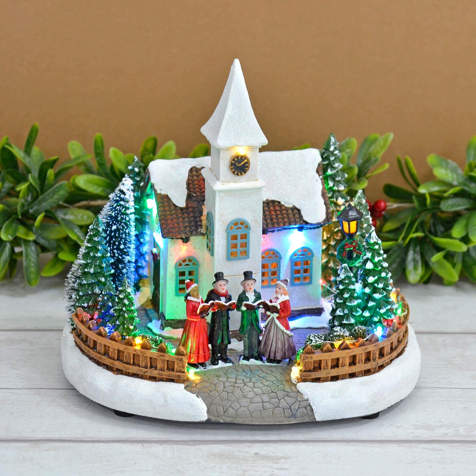 Mr Crimbo Light Christmas Church Scene Up Ornament Led Glittering Snow Carol Singers 25Cm