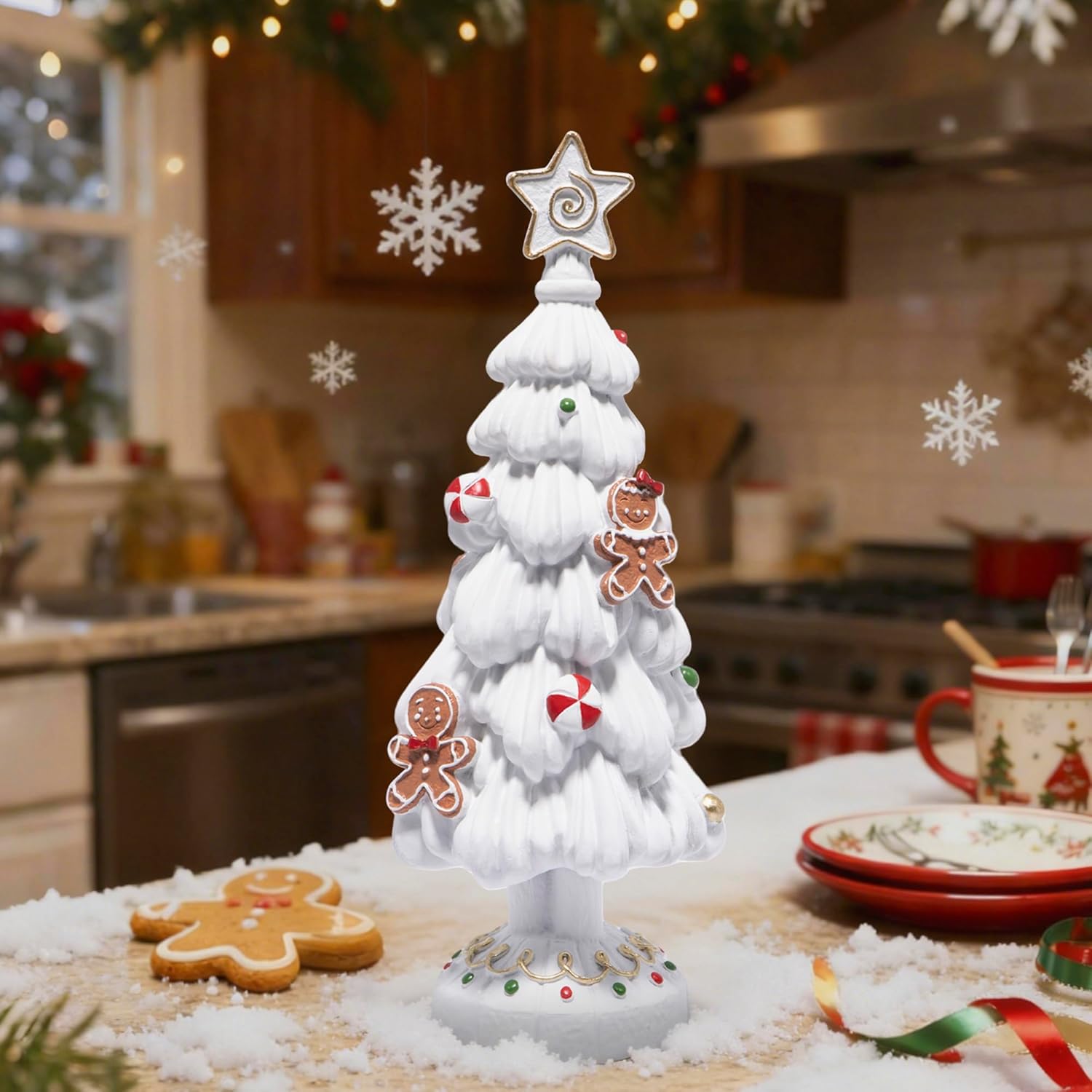 Hodao Christmas Tree Resin Figurine – White Hand-Painted Gingerbread Tree with Candy Ornaments, Holiday Tabletop Décor, Gift for Family, Mantel, and Winter Home Decoration - Image 7