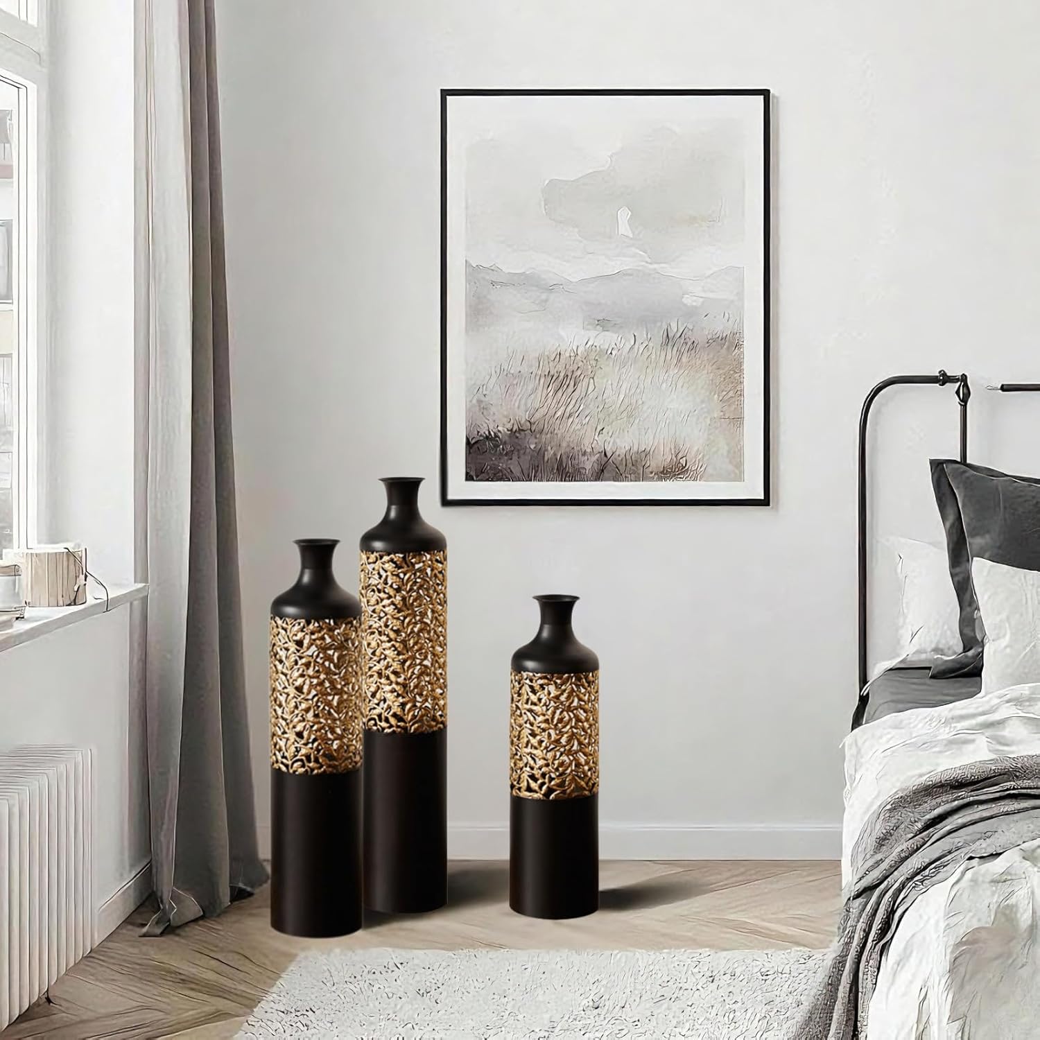 Black Gold Metal Floor Vases Set of 3 - Tall Elegant Vases with Vine Relief for Room Decor - Modern Home Centerpieces (Black Gold - 28.7"/24.8"/20.8" Height)