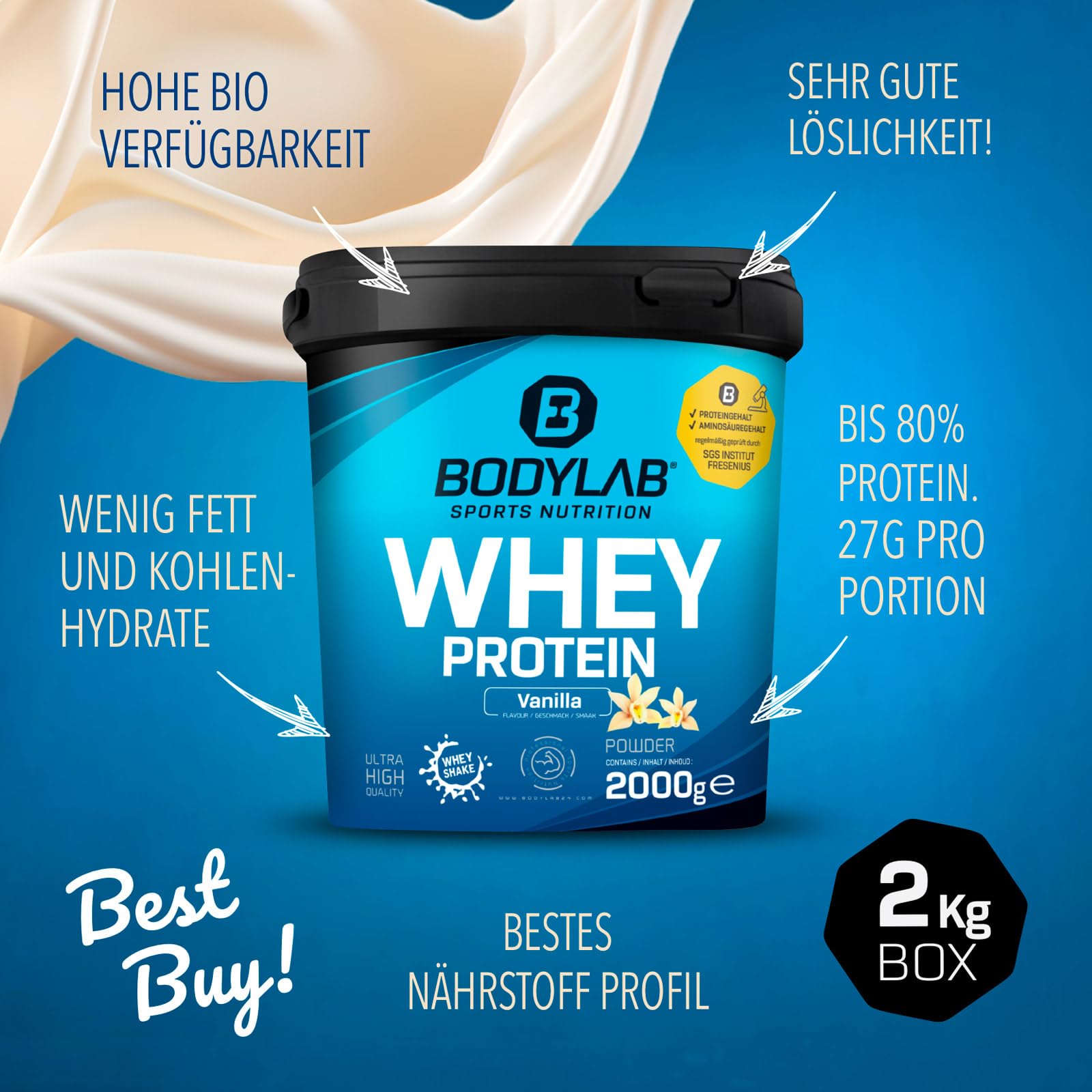 Proteinowy proszek Bodylab24 Whey Protein orzech kokosowy 2kg / kokos Proteinowy Shaker do sportów siłowych i fitness / proszek Whey może wspierać budowę mięśni/ proszek białkowy z 80% białkiem / bez aspartamu
