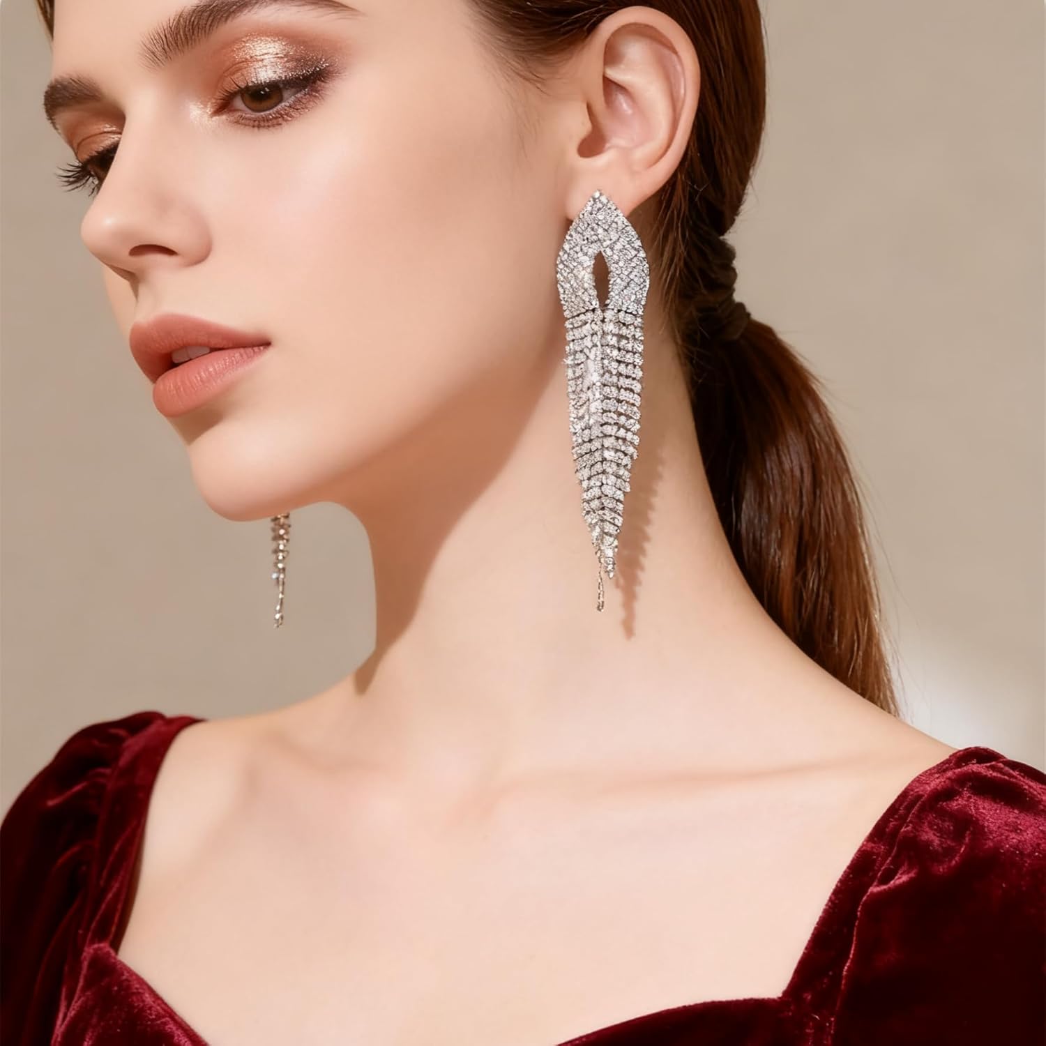 Rhinestone Earrings Dangling for Women Sparkly Silver Dangle Earrings Girls Long Chandelier Earrings Tassel Lightweight Ear Studs Cubic Zirconia (KE001S-W) - Image 9