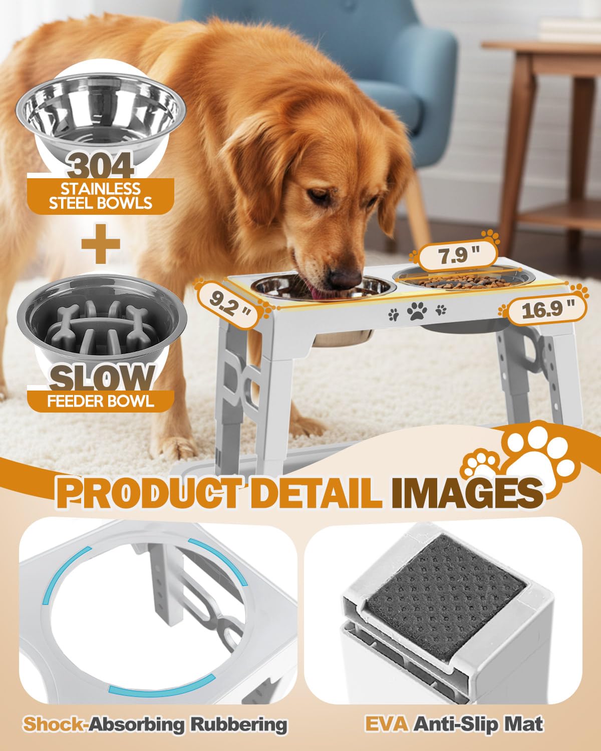 Jovrun Cuencos elevados para perros, soporte elevado ajustable de 5 alturas para perros medianos y grandes, comedero para perros con 2 cuencos de acero inoxidable y 1 cuenco de alimentación lenta para