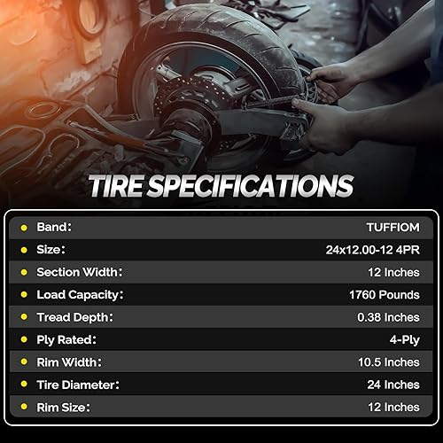 Miniatura 5 de TUFFIOM Juego de 2 neumáticos para cortacésped 24x12.00-12, neumáticos de césped 4PR para césped y jardín para tractor de jardín, cortacésped, sin