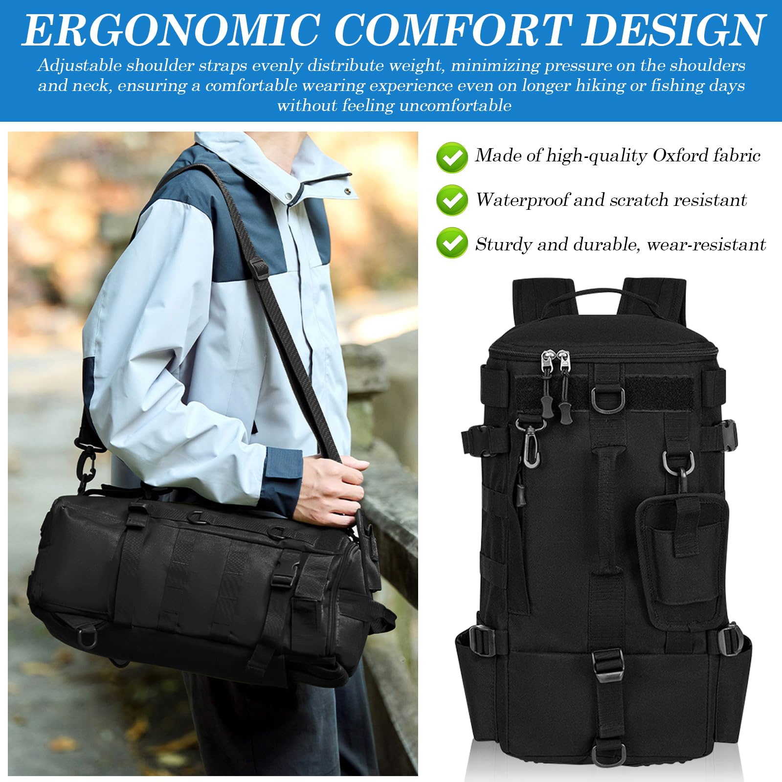 Mochila de pesca grande con soporte para caña, mochila impermeable para aparejos, multifunción para camping y deportes al aire libre, color negro, 45 x 16