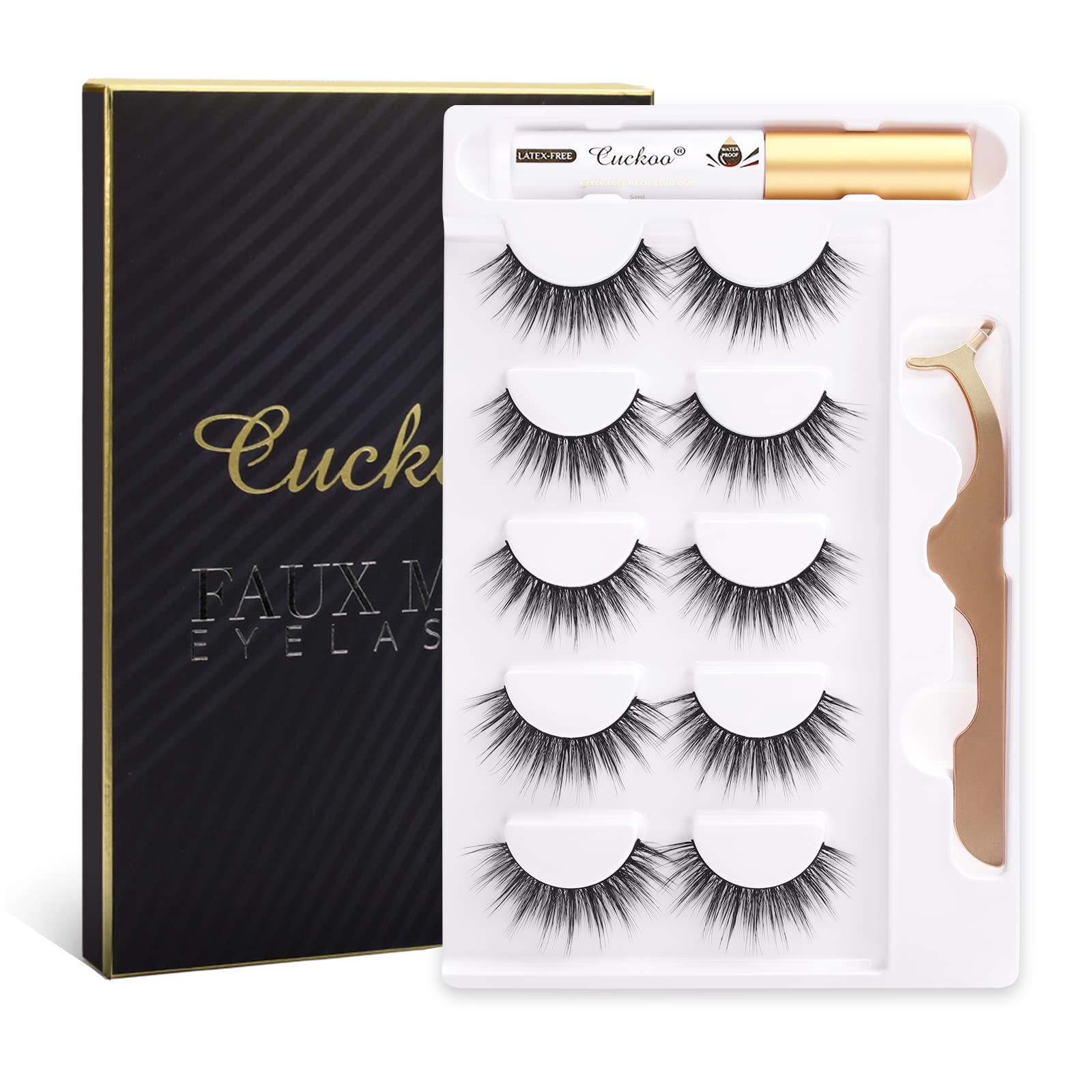 Cuckoo Eyelashes Lashes Pack,5 Pairs 3D Faux Mink Eyelashes with Eyelash Glue Kit,Natural False Eyelashes for Women,Reusable Makeup Soft Natural Look Fake Eyelashes