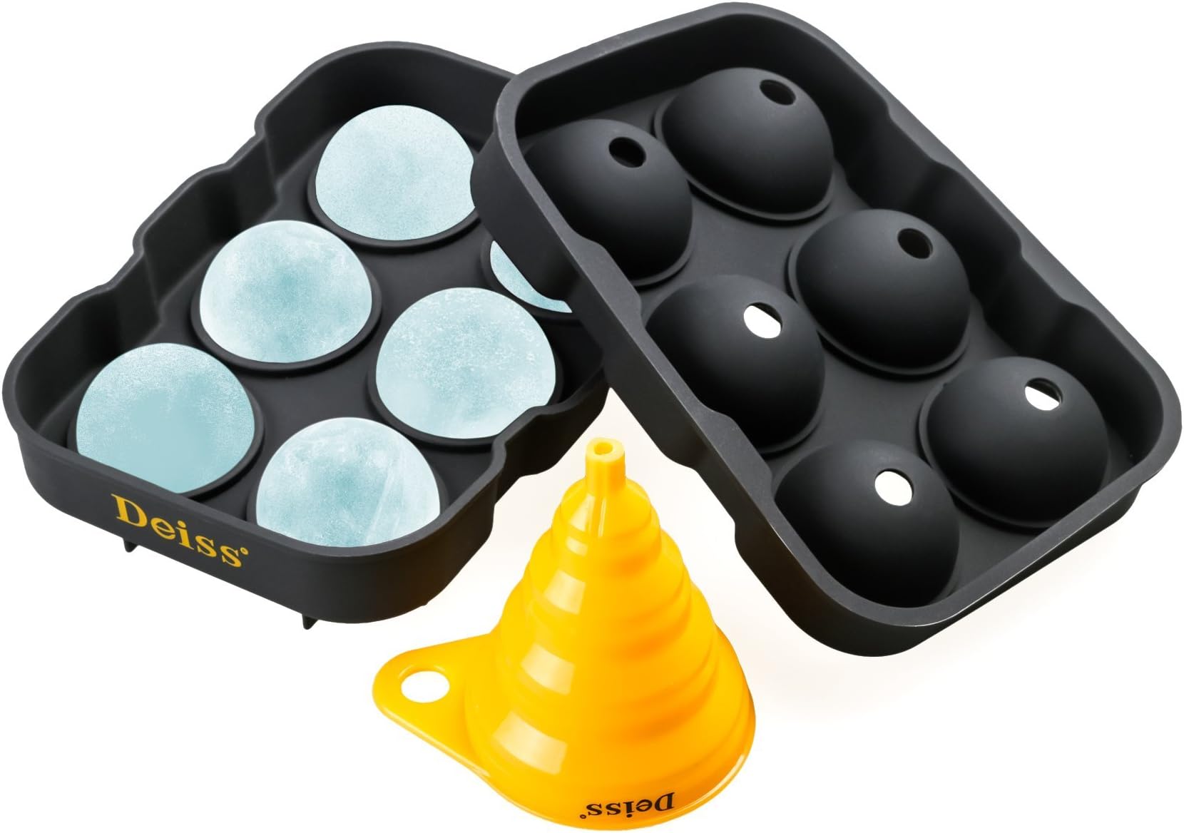 Deiss® Art Ice Ball Maker Mold & Collapsible Funnel — 6 Perfect 4.6 cm Ice Spheres in Flexible Silicone Tray — Foldable Funnel for Liquid Transfer — Dishwasher Safe