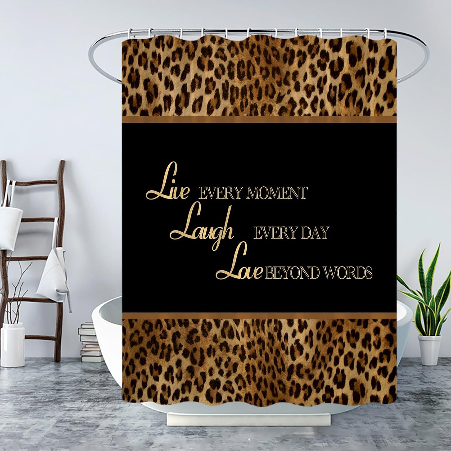 Leopard Print Shower Curtain African Wild Animal Cheetah Skin Pattern Inspirational Quotes Powerful Wildlife Safari Live Laugh Love Big Cat Fur Bath Curtain with Hooks