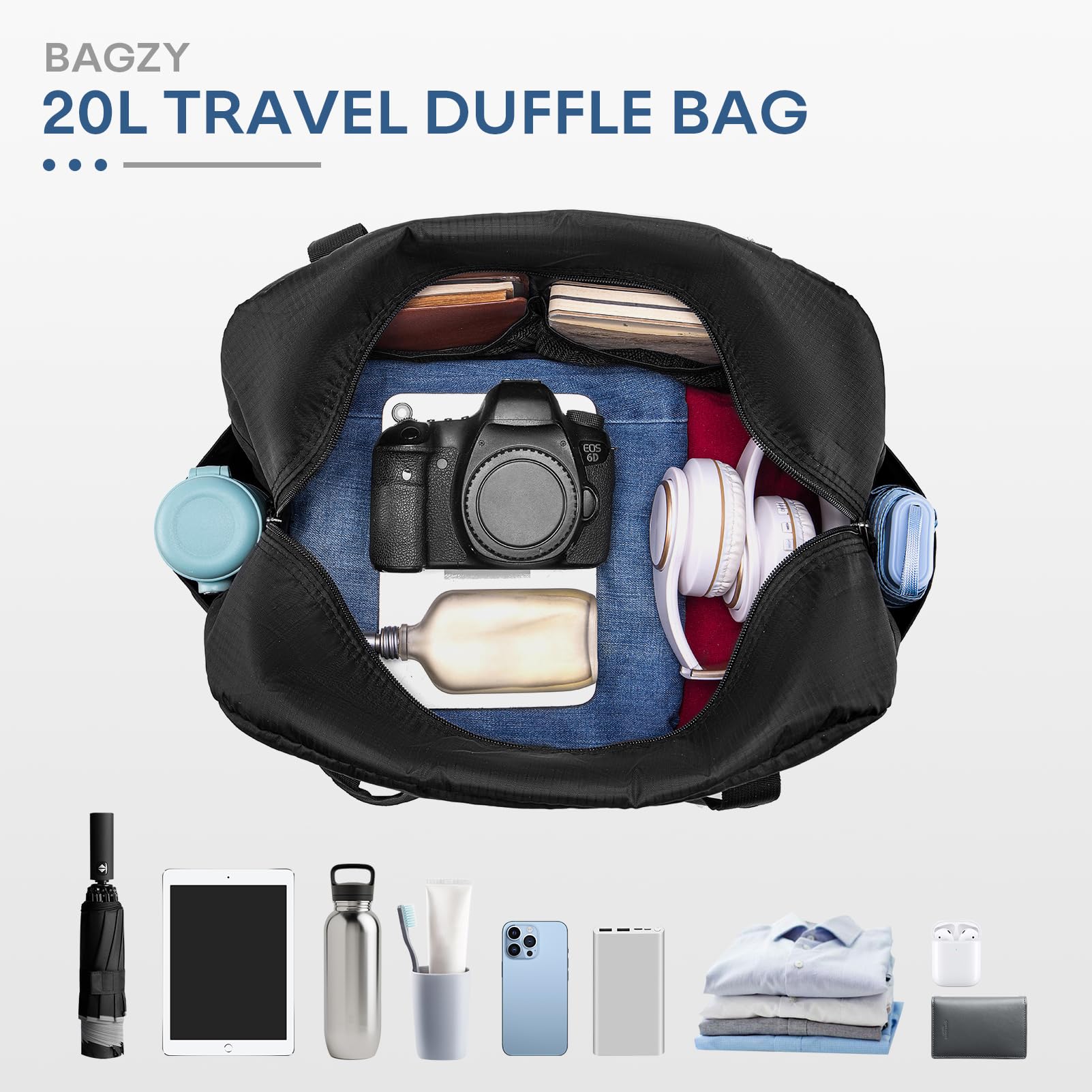 BAGZY Torba Podróżna Zwijana 20L Ryanair Bagaż podręczny 40x20x25 Torba Sportowa Wasserdicht Podróż Bagaż Torby do Samolotu Kabina Weekender Torby Podróżne Szpital Torbas z 1szt Kosmetyczka