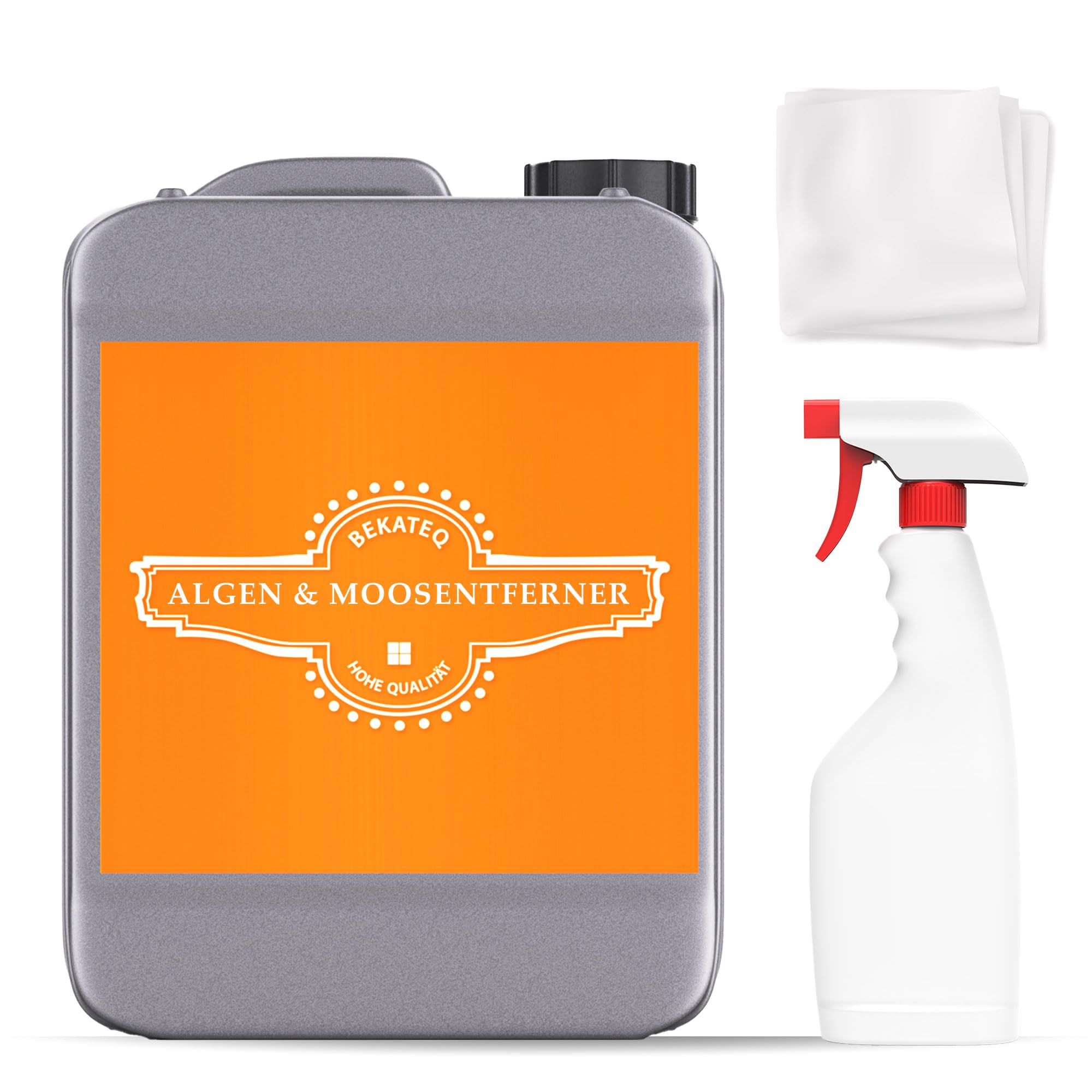 Algenreiniger 2,5L Set mit Sprühflasche und Vliestuch - Moosreiniger & Algenentferner für Pool, Whirlpool, Fliesen, Stein, Dach, Klinker, Fassade - Reiniger chlorfrei & säurefrei - BEKATEQ BE-509