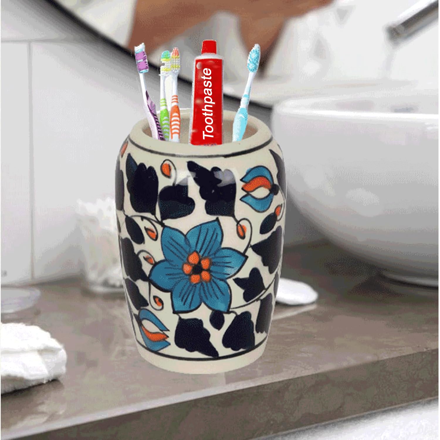 LOOKS FIRST Handmade Bathroom Accessories Ceramic Toothbrush Holder, Tooth Paste Holder Stand Home, Office, Doctors Cabin Decor, Hospital Décor, Music Institute, Kitchen Decor Blue with Flower Design - Image 3 thumbnail
